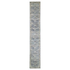 Modern Gray and Beige Oushak Style Handmade Floral Motif Long Wool Runner