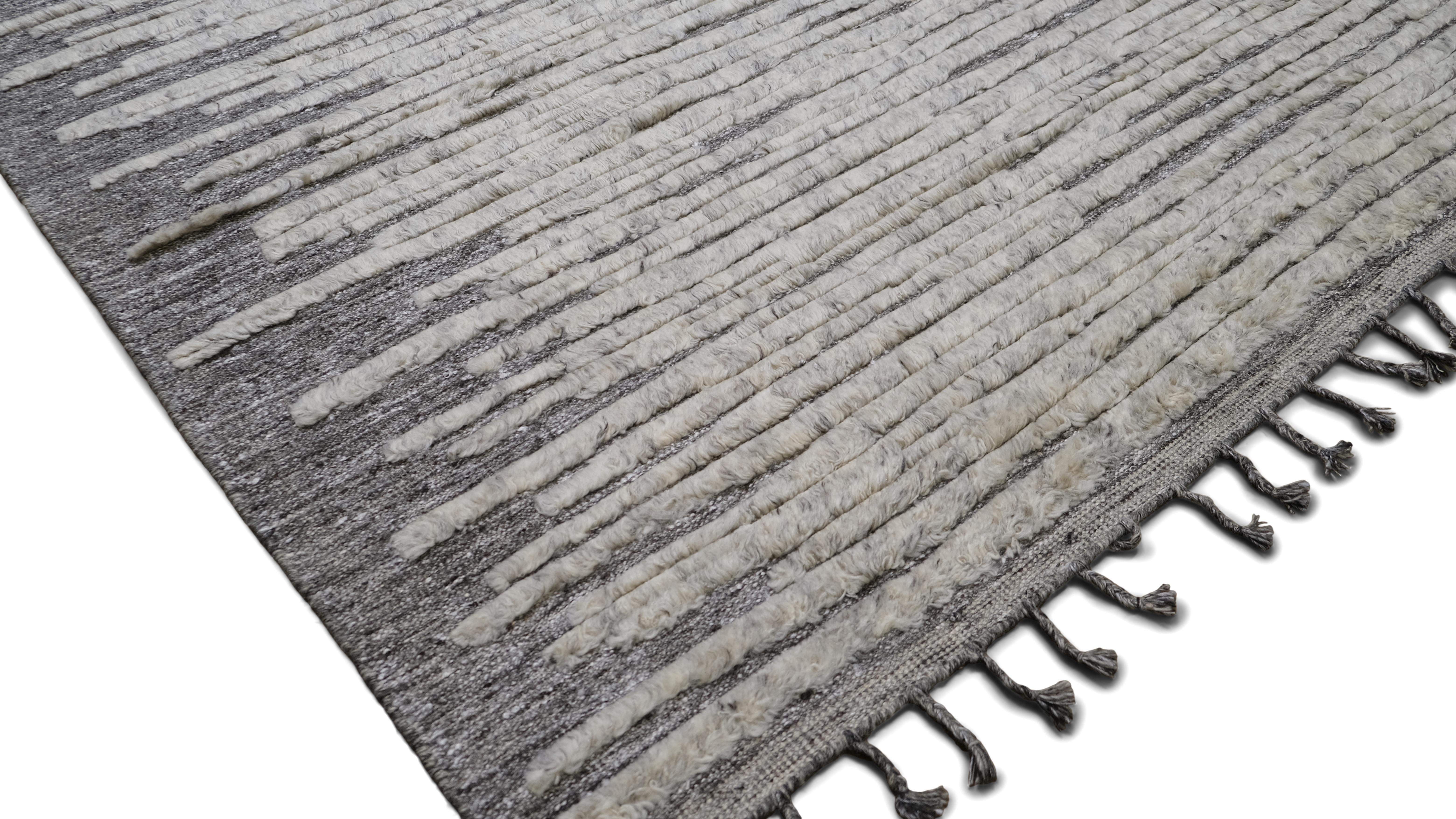 Modern Grau und Elfenbein Abstrakt Linear Designed Teppich 9'x12'1'' (Asiatisch) im Angebot