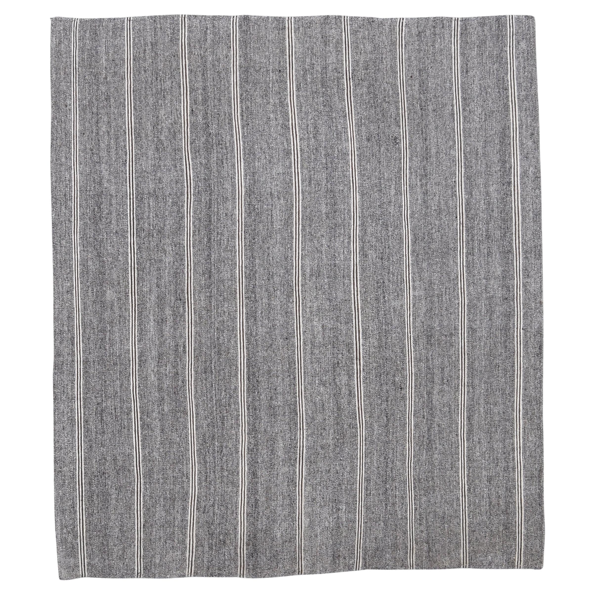Modern Gray and Ivory Brown Striped Vintage Hemp Kilim 7'6''x8'6''