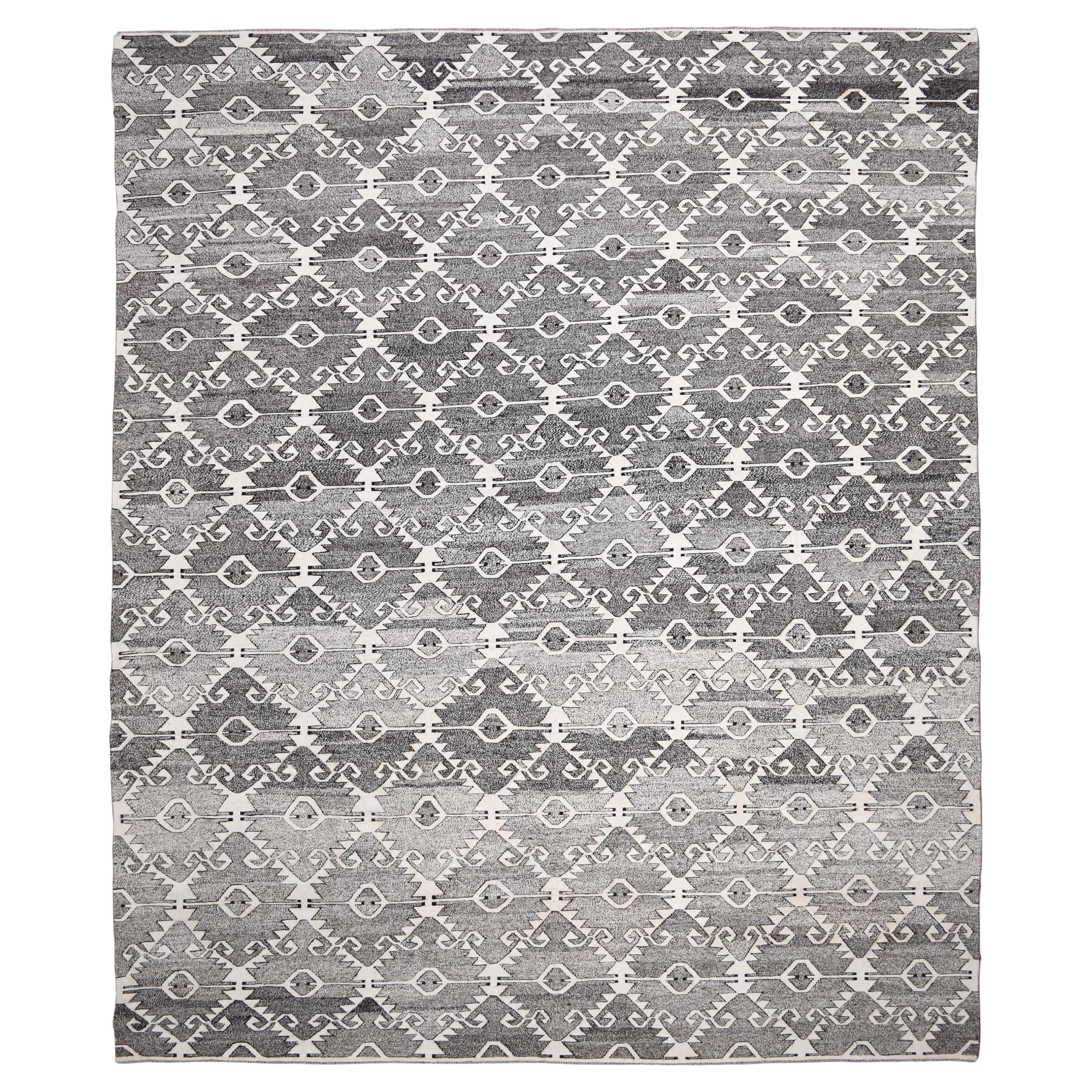 Modern Gray and Ivory Dimaond Motif Wool Flatweave Rug 12'7''x15'