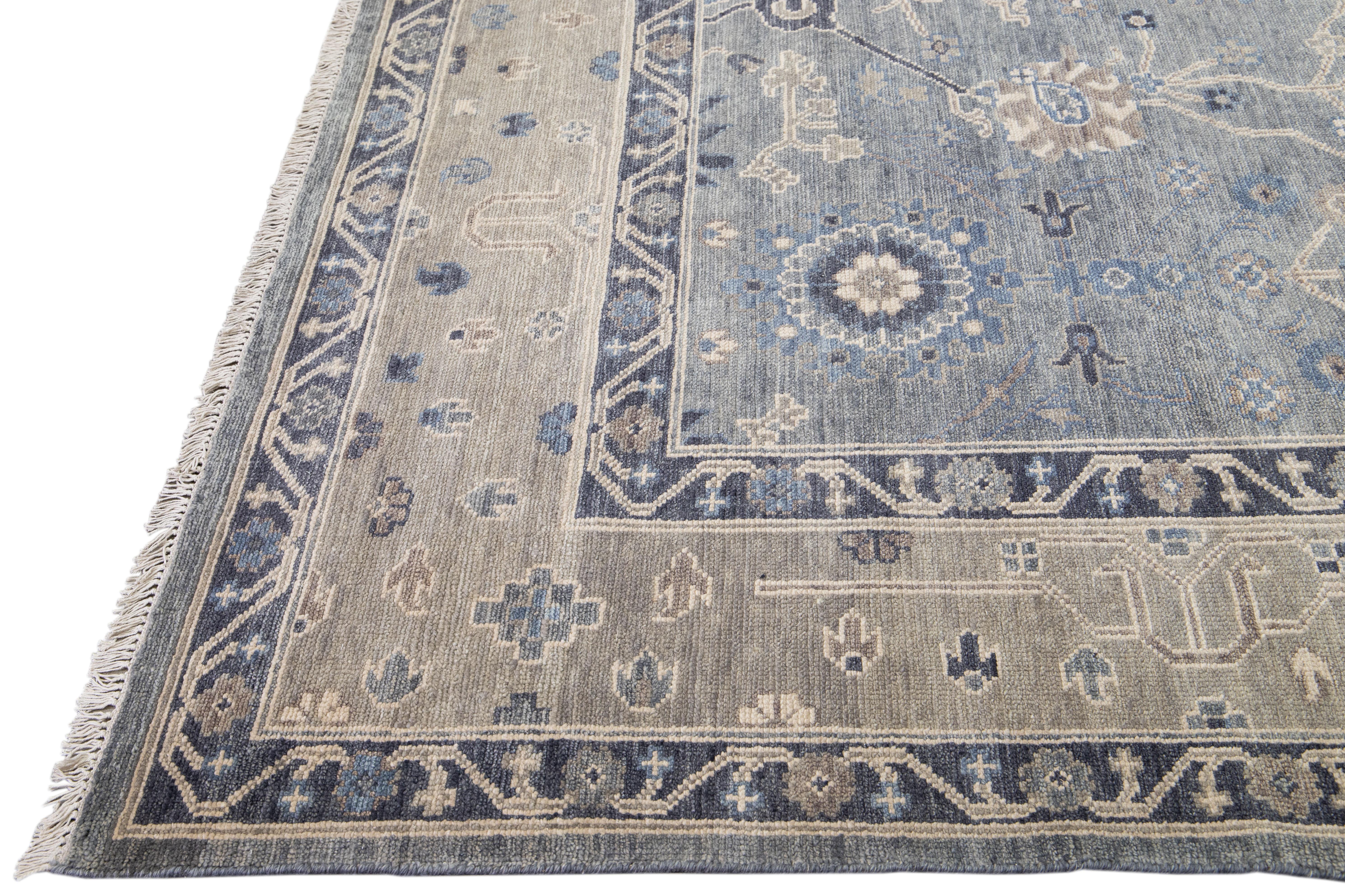 Indian Modern Gray and Tan Oushak Style Handmade Floral Motif Square Wool Rug For Sale