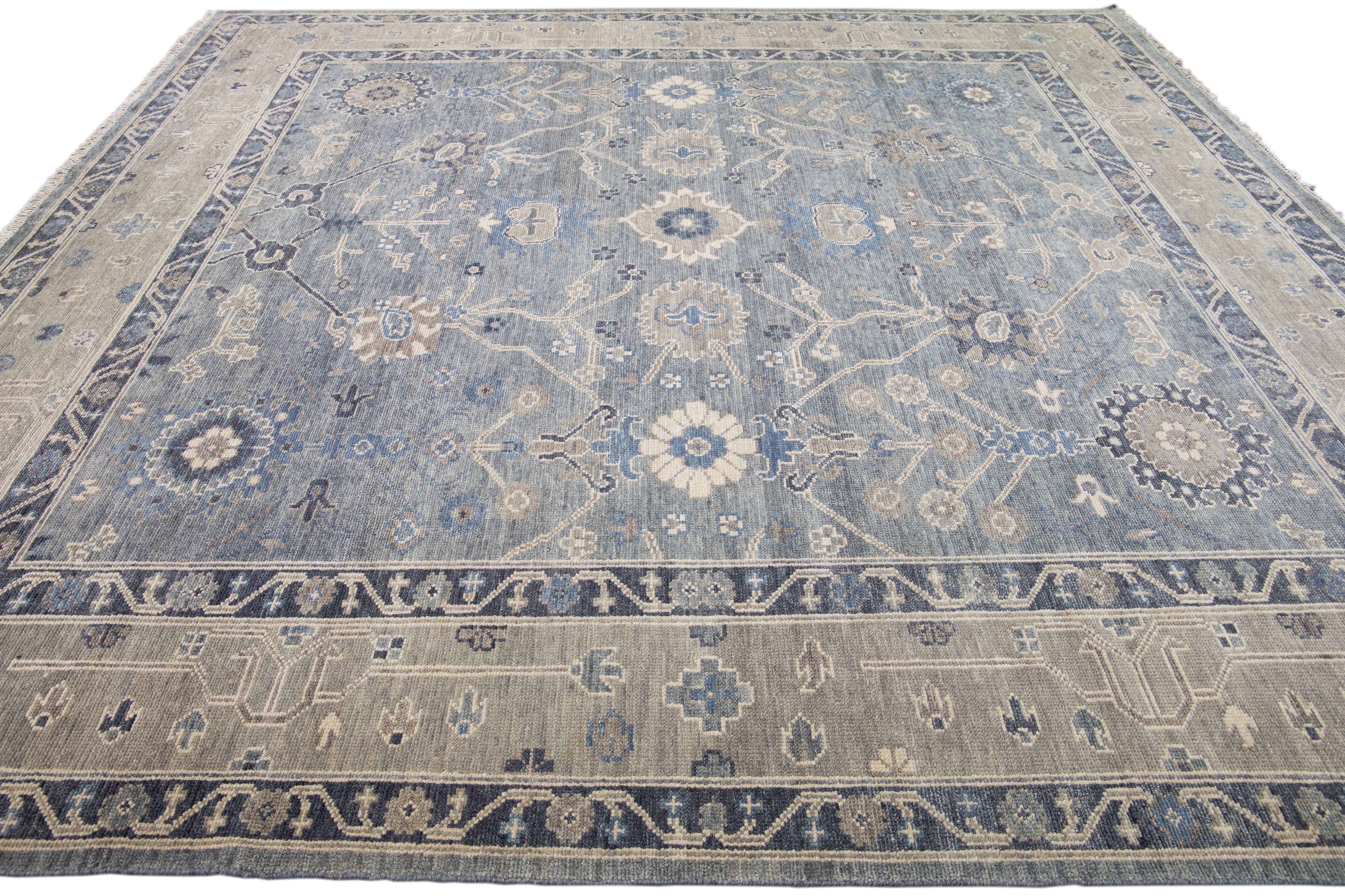 Hand-Knotted Modern Gray and Tan Oushak Style Handmade Floral Motif Square Wool Rug For Sale