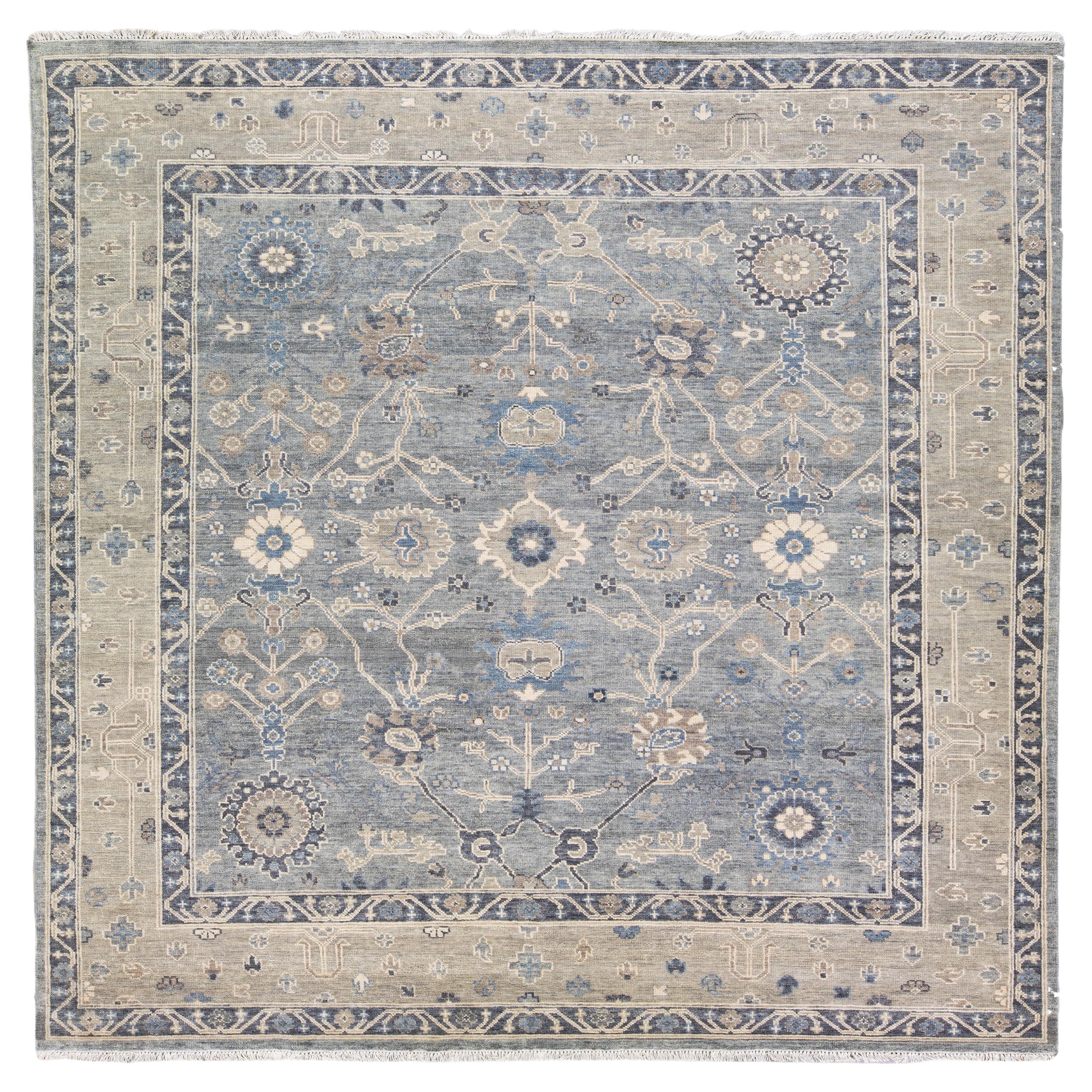 Modern Gray and Tan Oushak Style Handmade Floral Motif Square Wool Rug For Sale