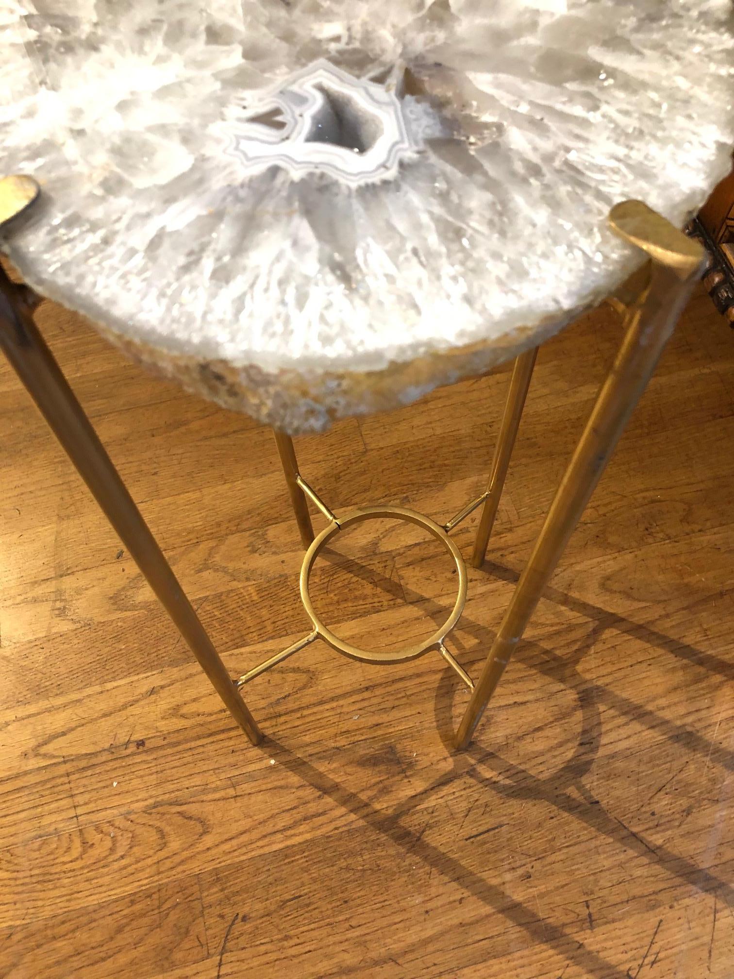 Hand-Carved Modern Gray and White Quartz End Table with Exposed Crystal Center