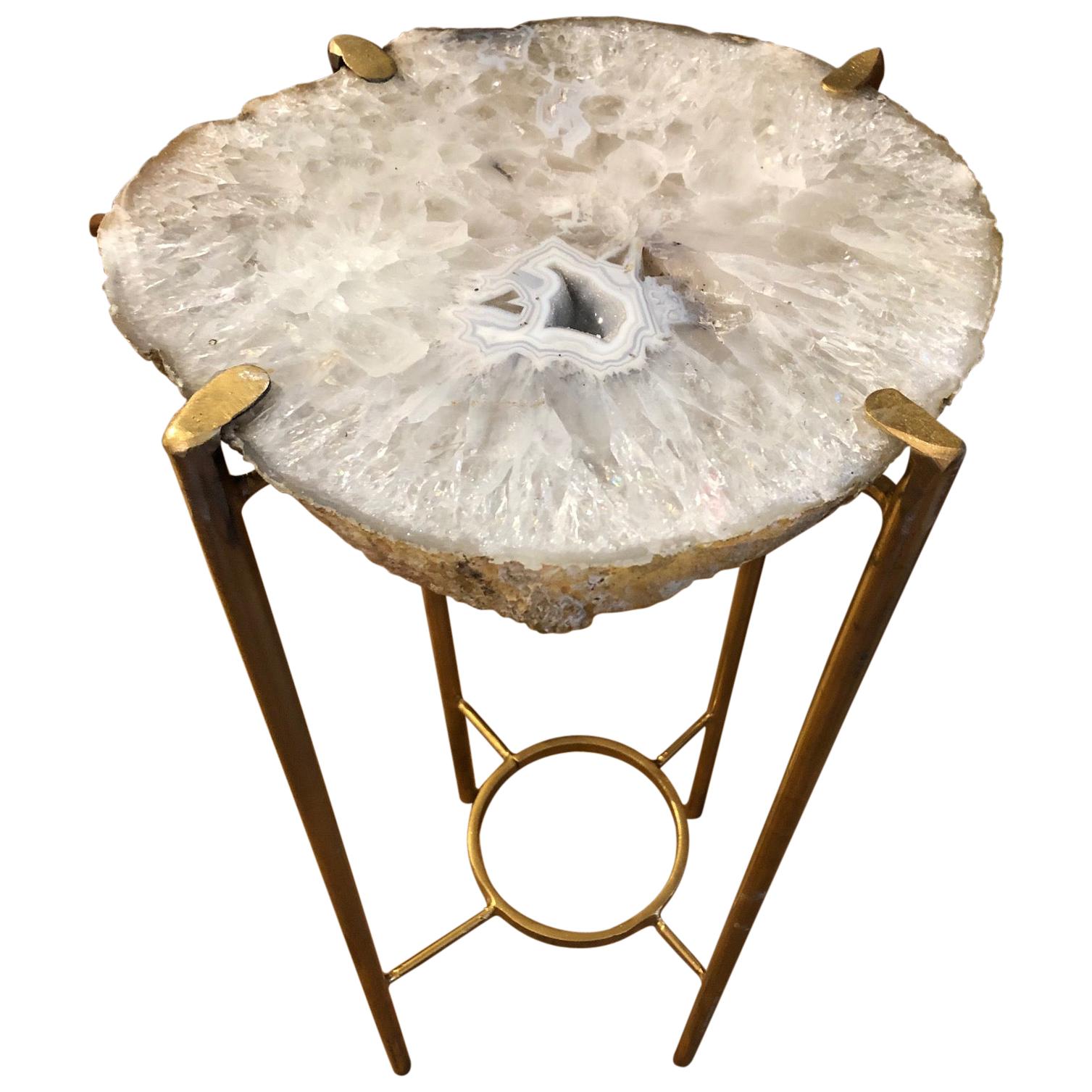Modern Gray and White Quartz End Table with Exposed Crystal Center