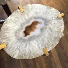 Modern Gray and White Quartz End Table with Exposed Pink Crystal Center