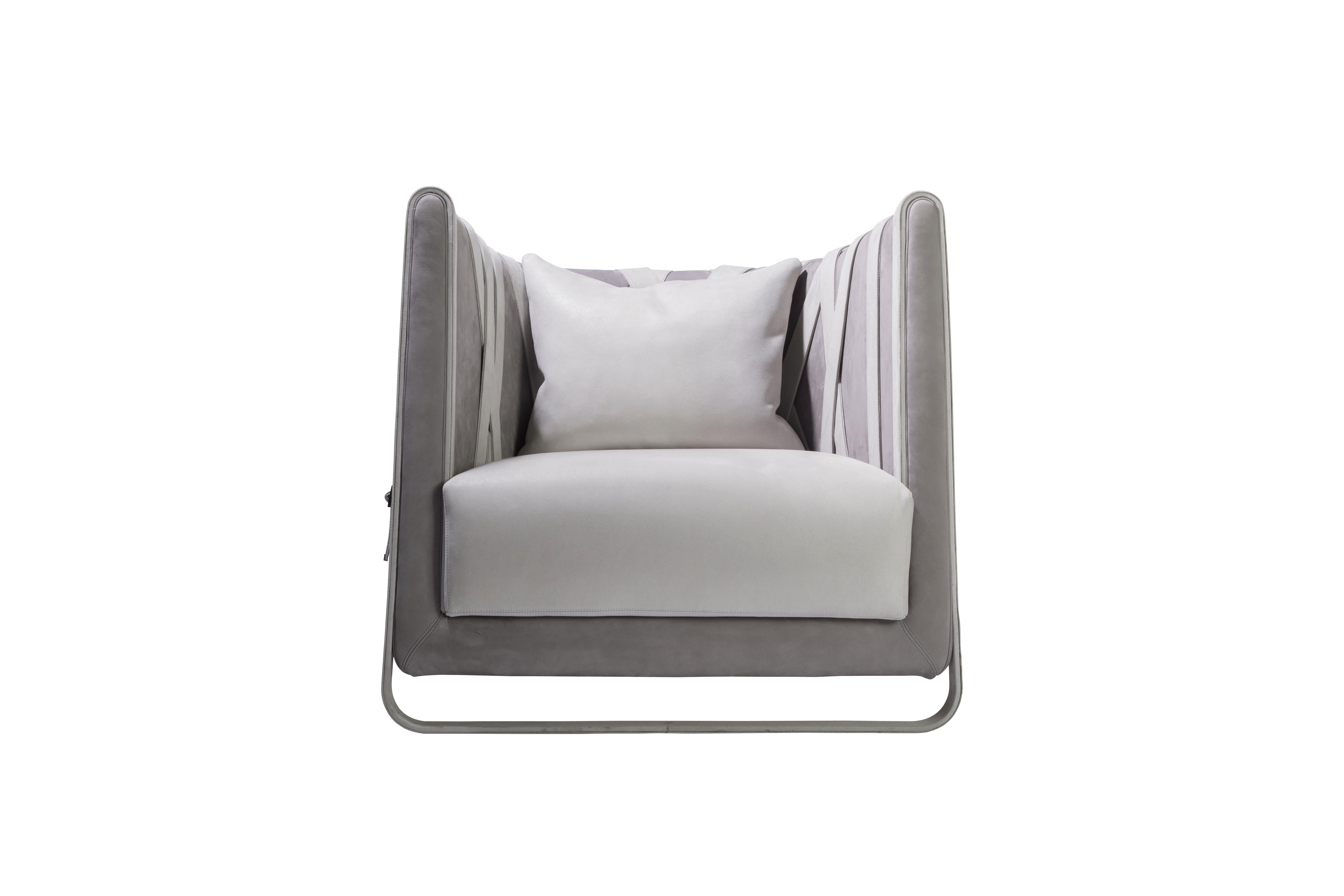 Italian Modern Gray Armchair with Leather Belts For Sale