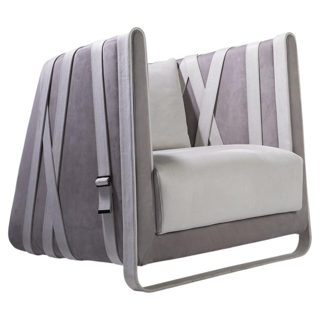 Modern Gray Armchair with Leather Belts For Sale