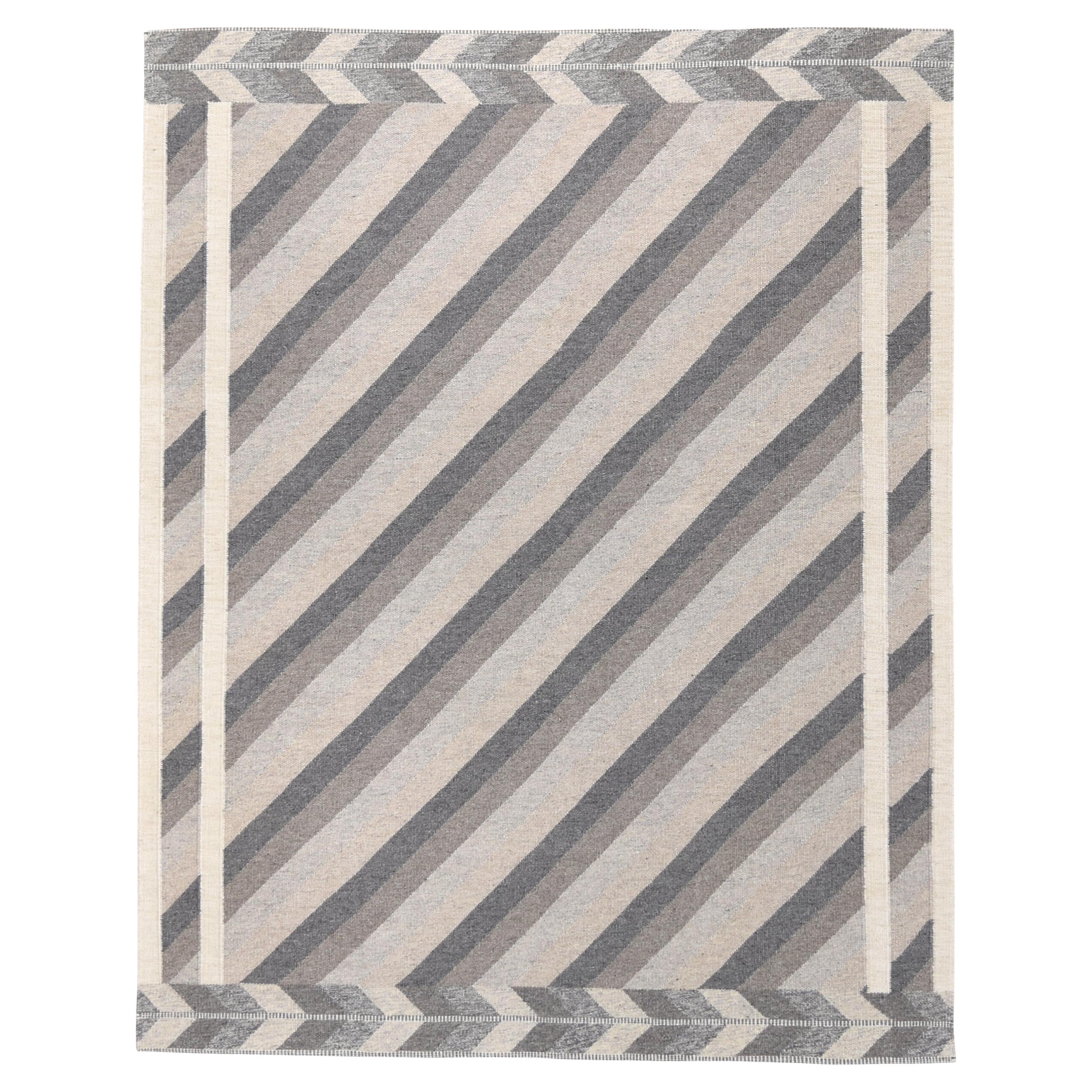 Modern Gray, Beige, and Ivory Diagonal Striped Patterned Rug 8'x10'3''