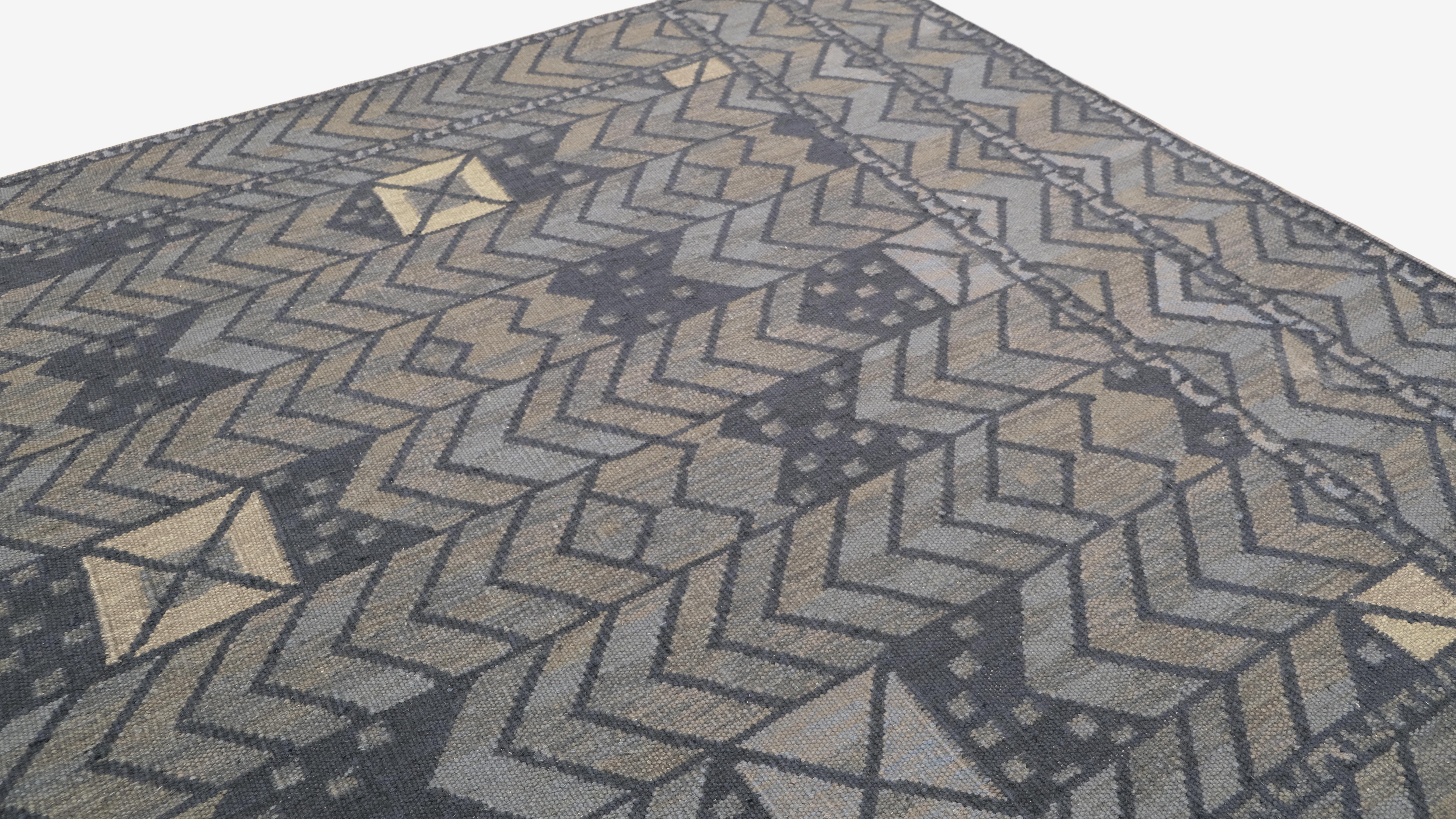 Moderner grauer Chevron-Designer Wollteppich 8'9''x12'9'' (Handgeknüpft) im Angebot