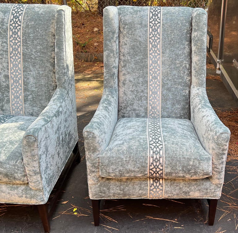 Modern Grey Crushed Velvet Wingbacks Chairs by Massoud, Pair For Sale