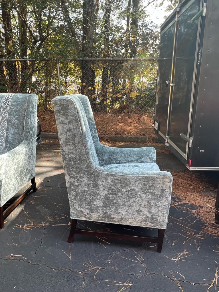 Modern Grey Crushed Velvet Wingbacks Chairs by Massoud, Pair For Sale