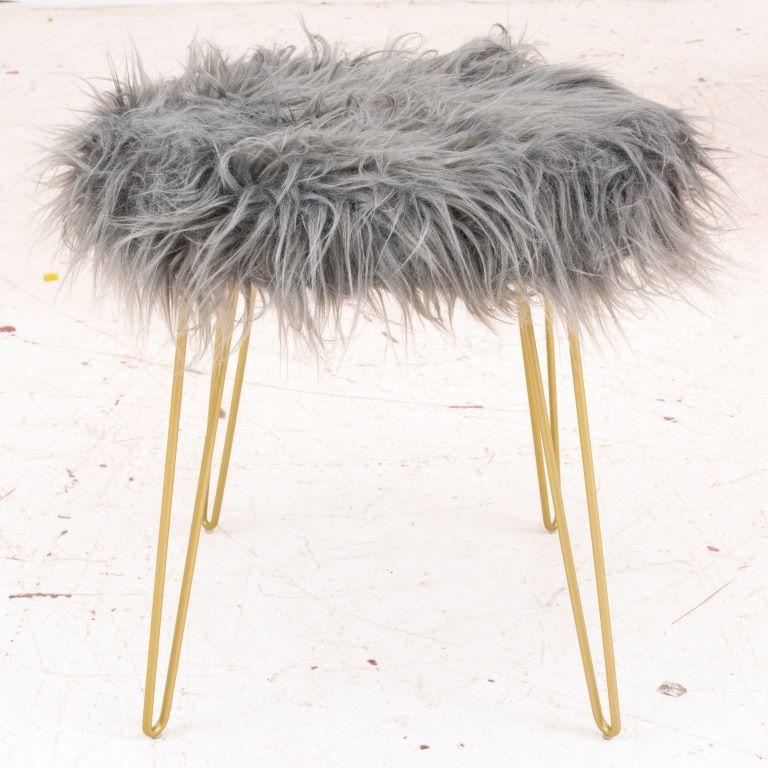 Modern stool, upholstered in faux gray fur on a gold-toned metal structure, unmarked.

Dealer: S138XX