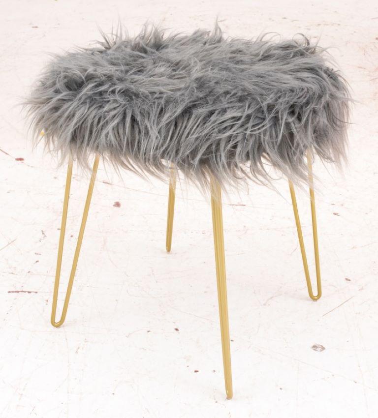 Metal Modern Gray Faux Fur & Gold-Toned Stool For Sale