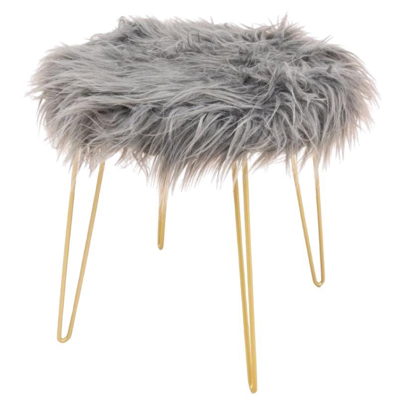 Modern Gray Faux Fur & Gold-Toned Stool For Sale