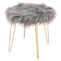Vintage Modern Gray Faux Fur & Gold-Toned Stool