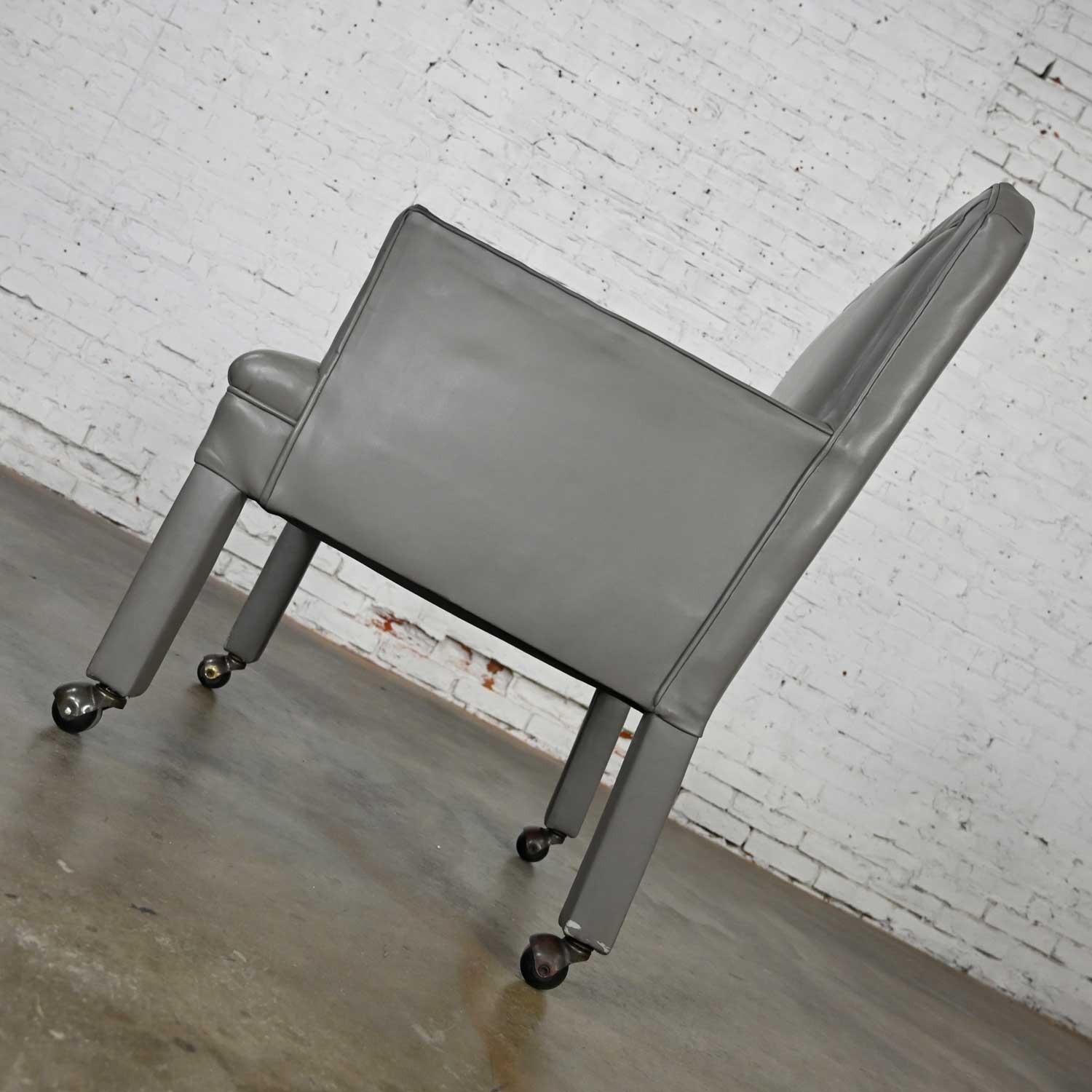 Unknown Post Modern Gray Faux Leather Parson’s Style Armed Accent Chair on Casters For Sale
