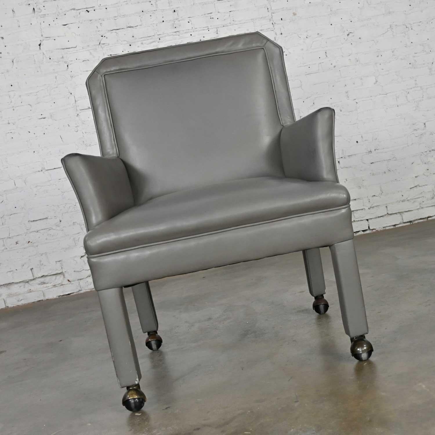 Post Modern Gray Faux Leather Parson’s Style Armed Accent Chair on Casters In Good Condition For Sale In Topeka, KS