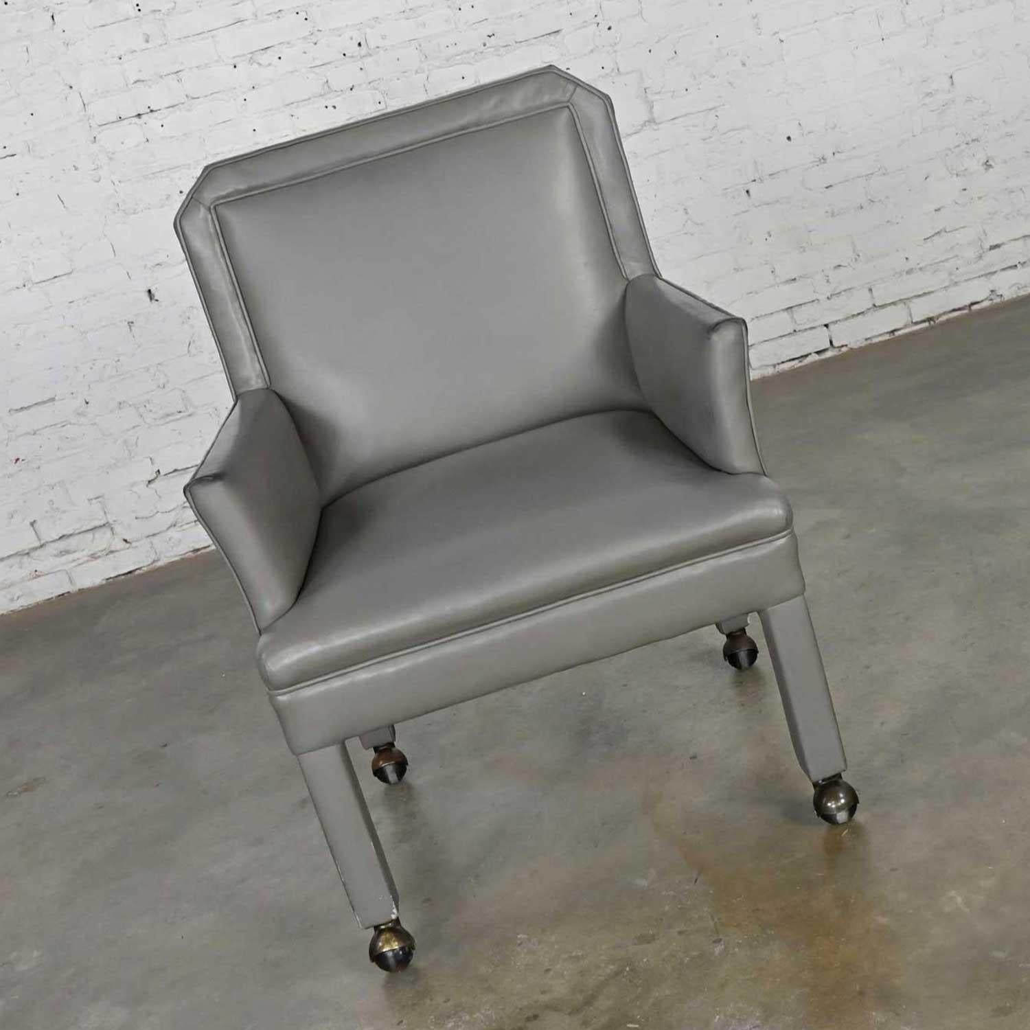 20th Century Post Modern Gray Faux Leather Parson’s Style Armed Accent Chair on Casters For Sale