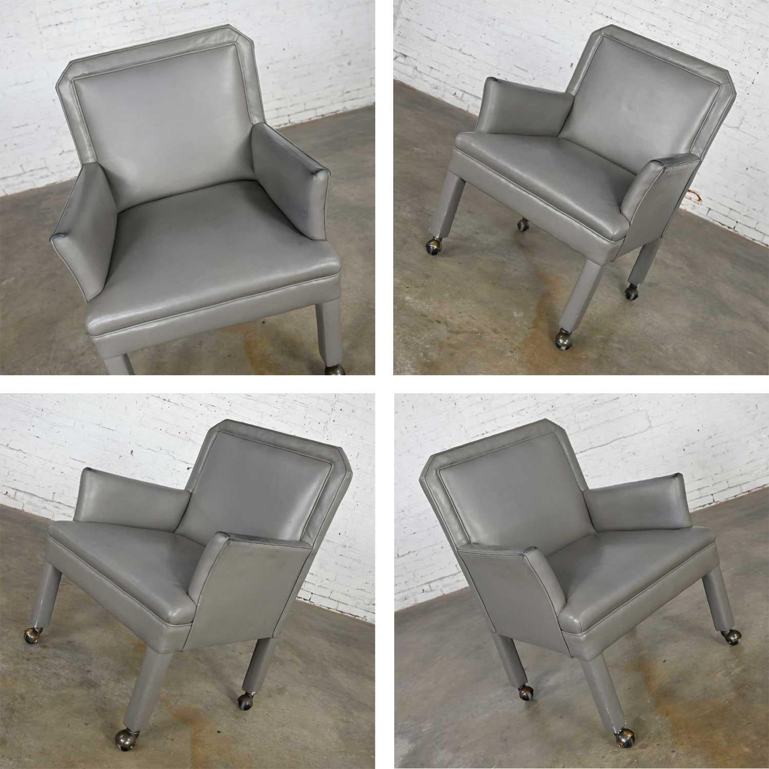 Post Modern Gray Faux Leather Parson’s Style Armed Accent Chair on Casters For Sale 2