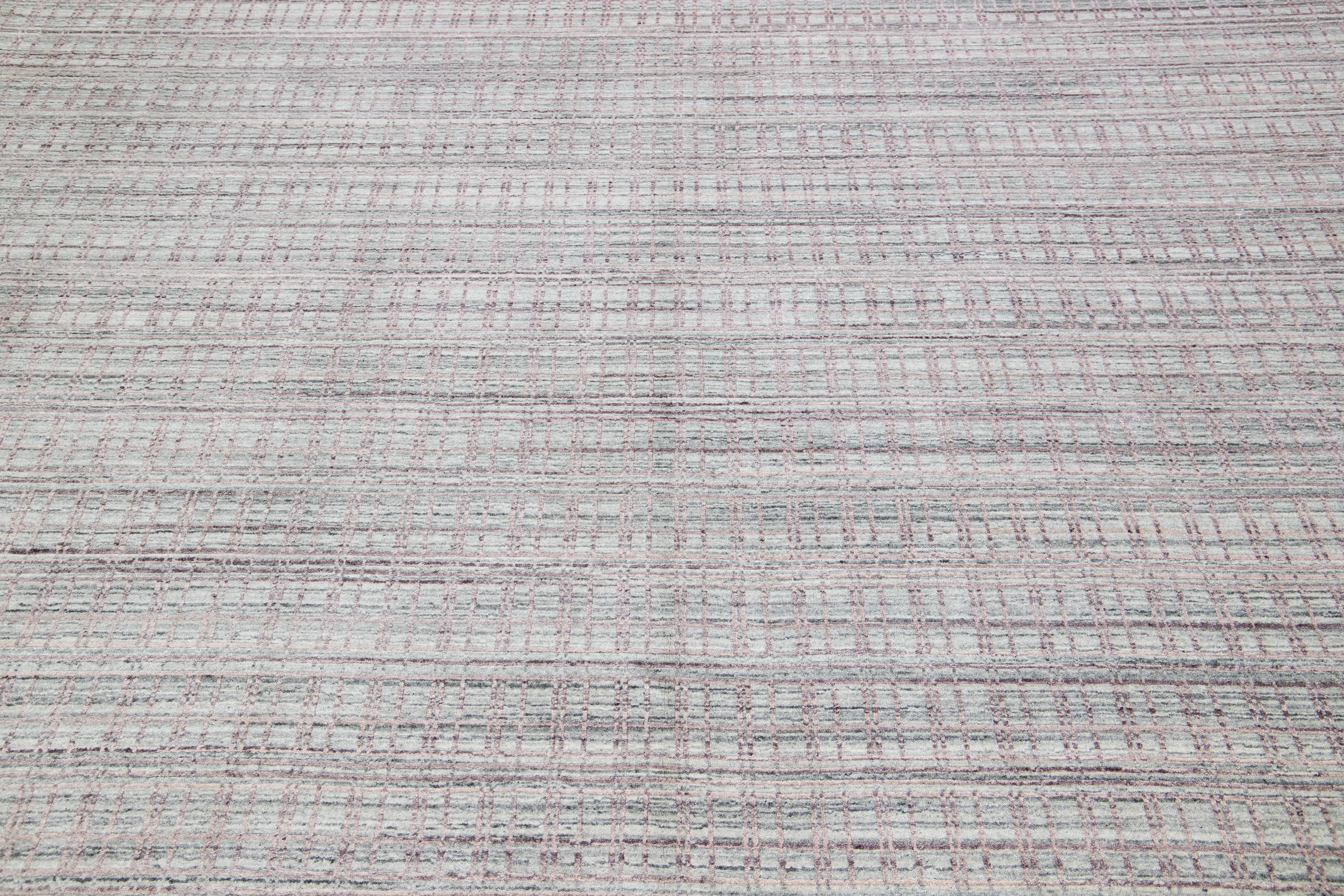 Contemporary Modern Gray Geometric Handmade Wool Rug  For Sale