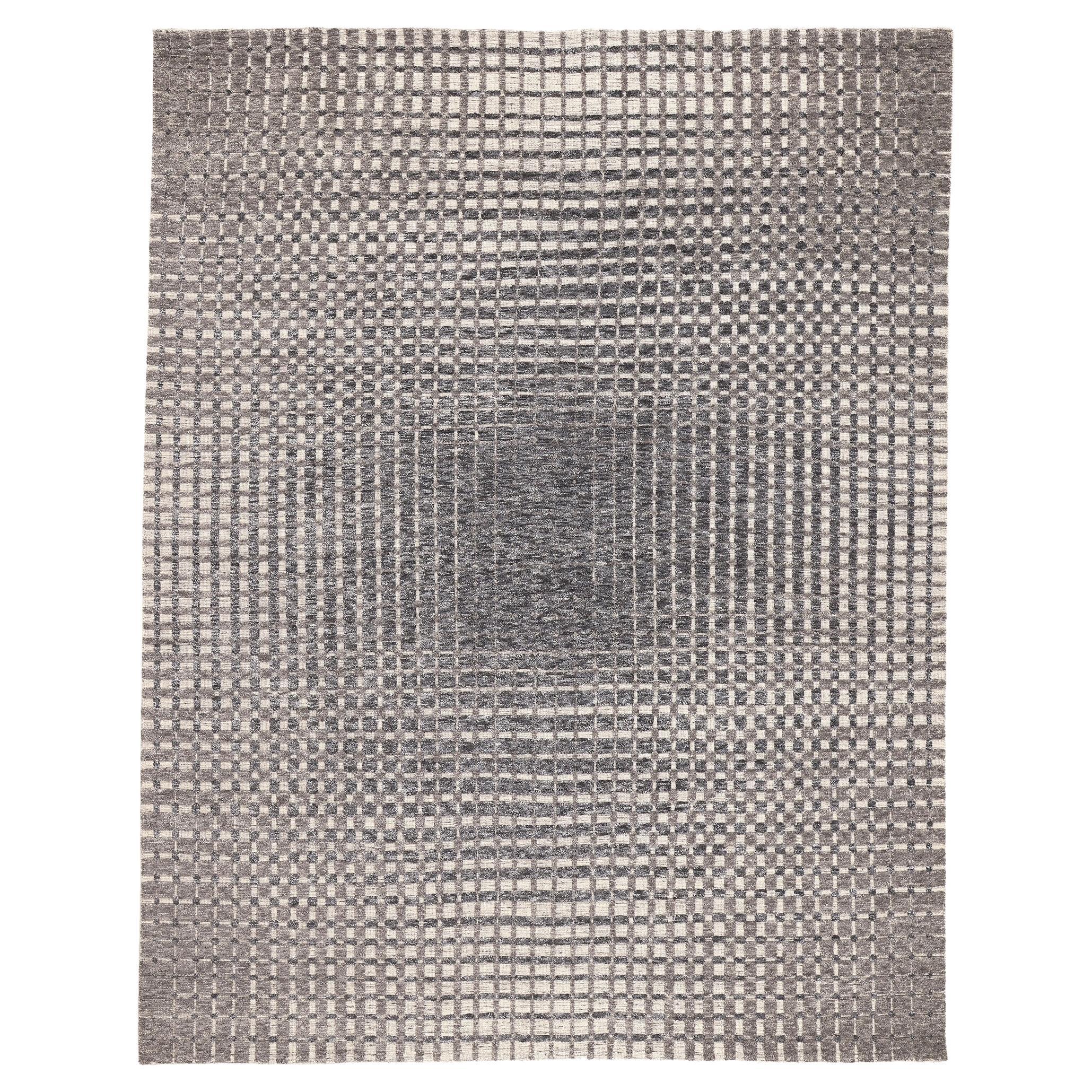 Modern Gray Geometric High-Low Rug, Subsuming Beauty Meets Visual Complexity For Sale