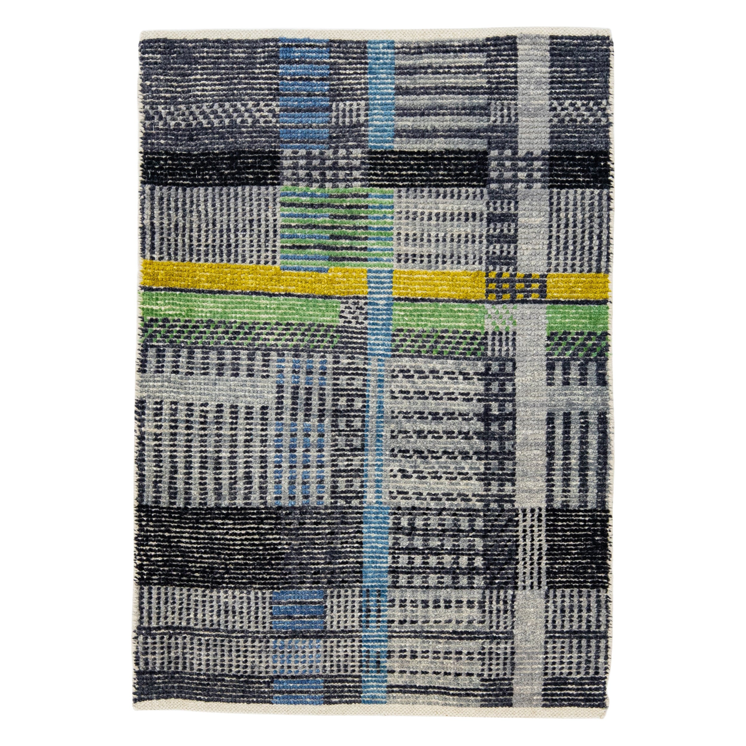 Modern Gray Handmade structured plaid Custom Wool Rug