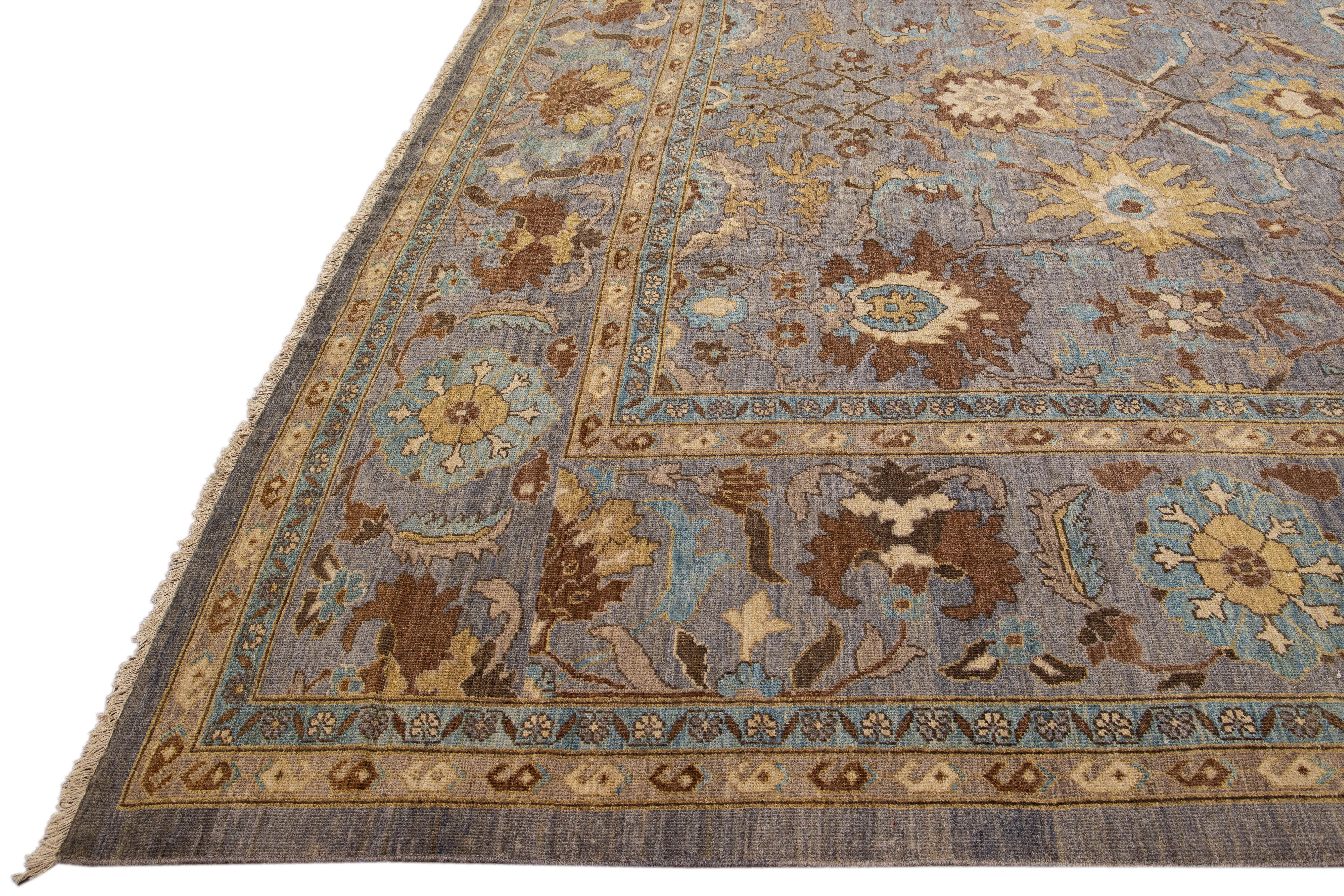 Hand-Knotted Modern Gray Handmade Sultanabad Floral Pattern Oversize Wool Rug For Sale