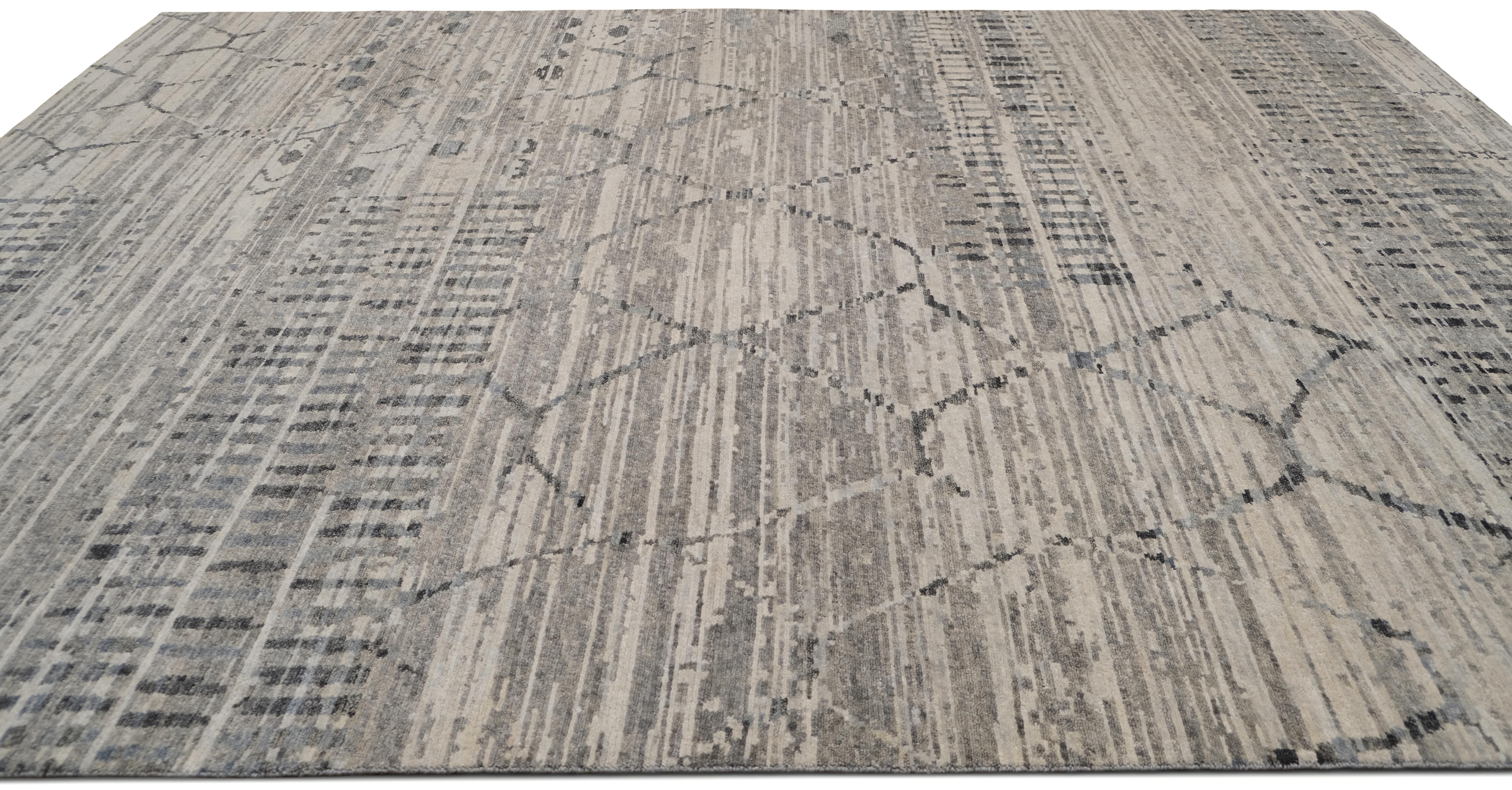 Népalais Tapis moderne gris ivoire avec motifs linéaires et diamants 9'x12' en vente
