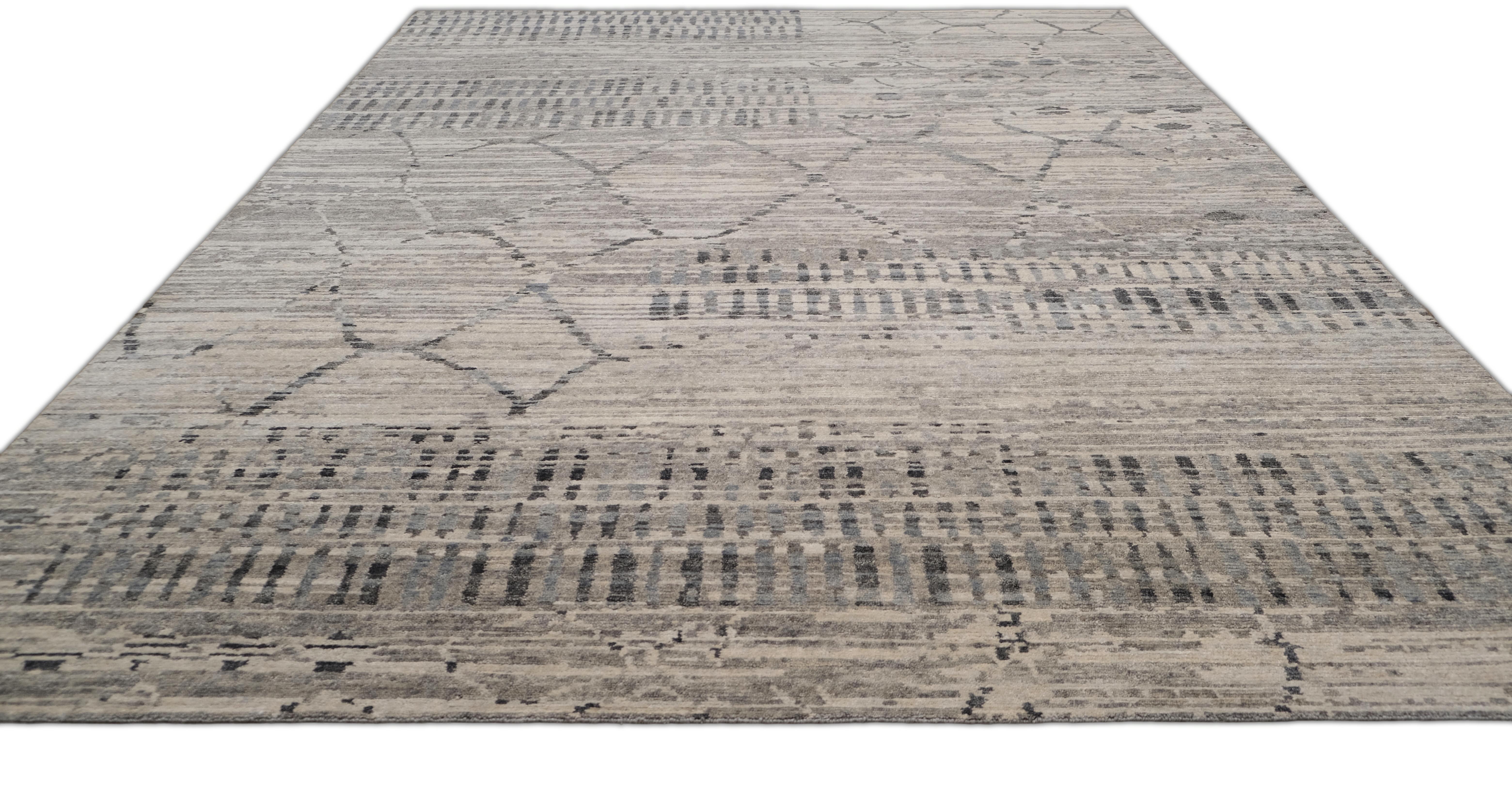 Noué à la main Tapis moderne gris ivoire avec motifs linéaires et diamants 9'x12' en vente