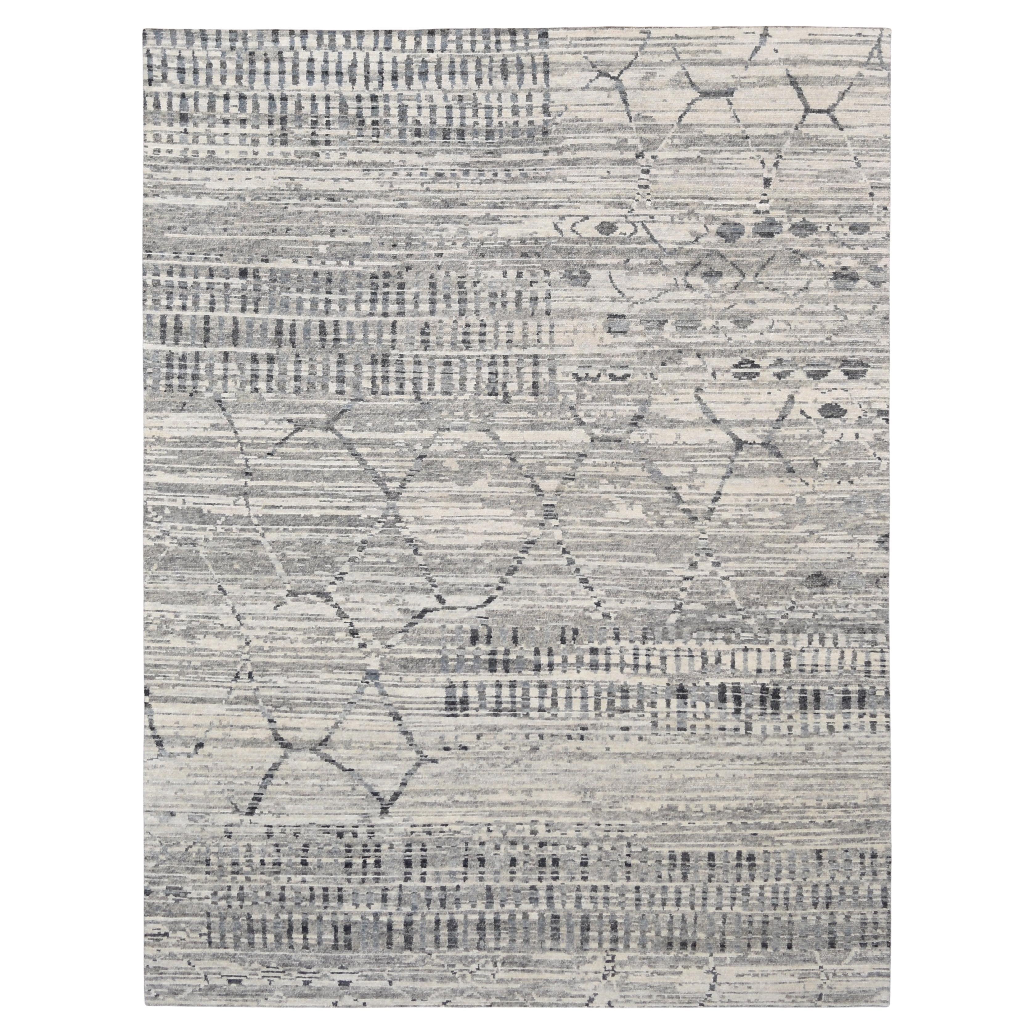 Modern Gray Ivory with Linear and Diamond motifs Wool rug 9'x12'