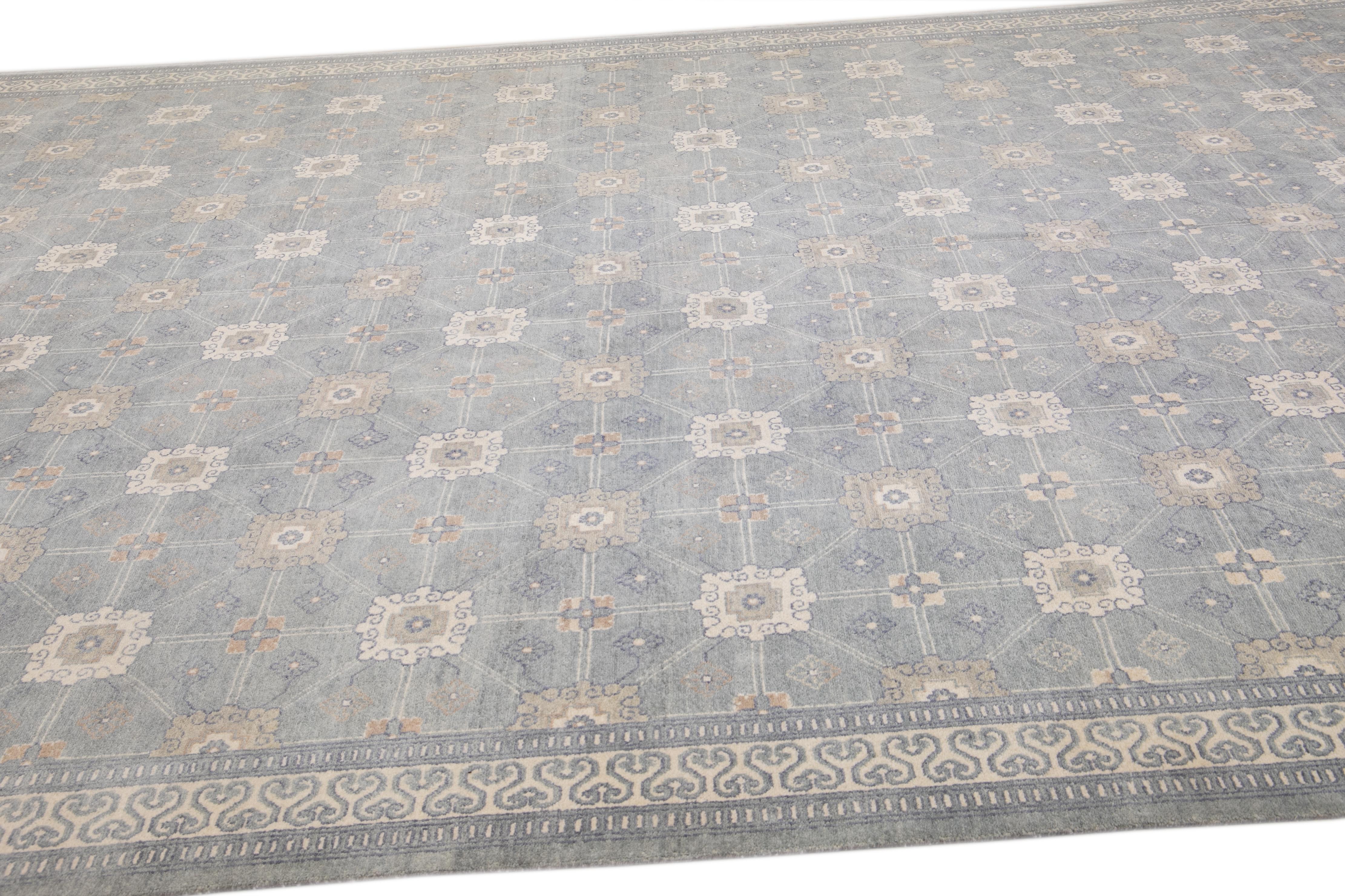 Modern Gray Khotan Style Handmade Geometric Designed Wool Rug In New Condition For Sale In Norwalk, CT