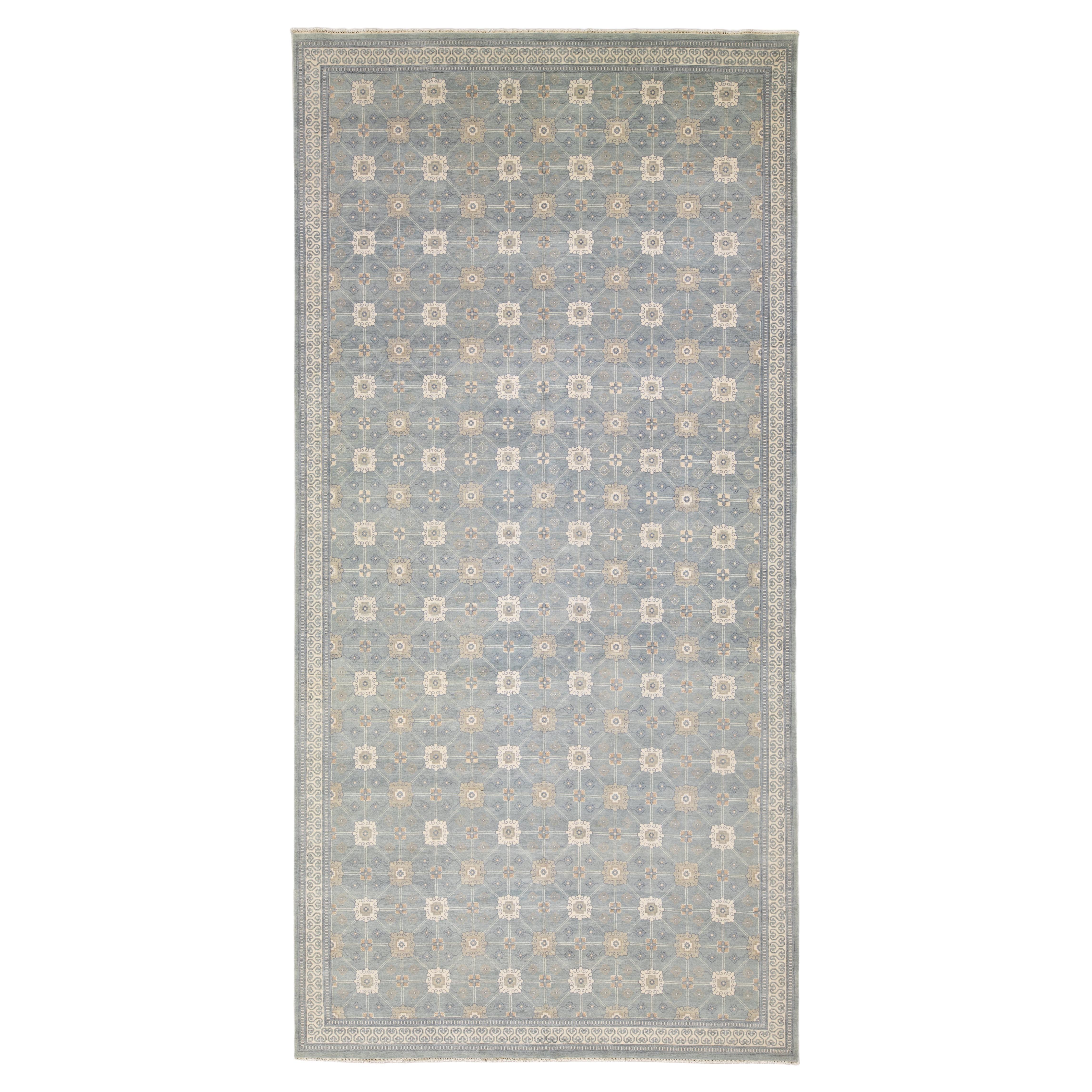 Modern Gray Khotan Style Handmade Geometric Designed Wool Rug For Sale