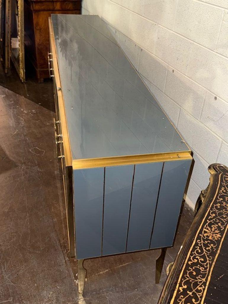 Italian Modern Gray Murano Glass and Brass Sideboard For Sale
