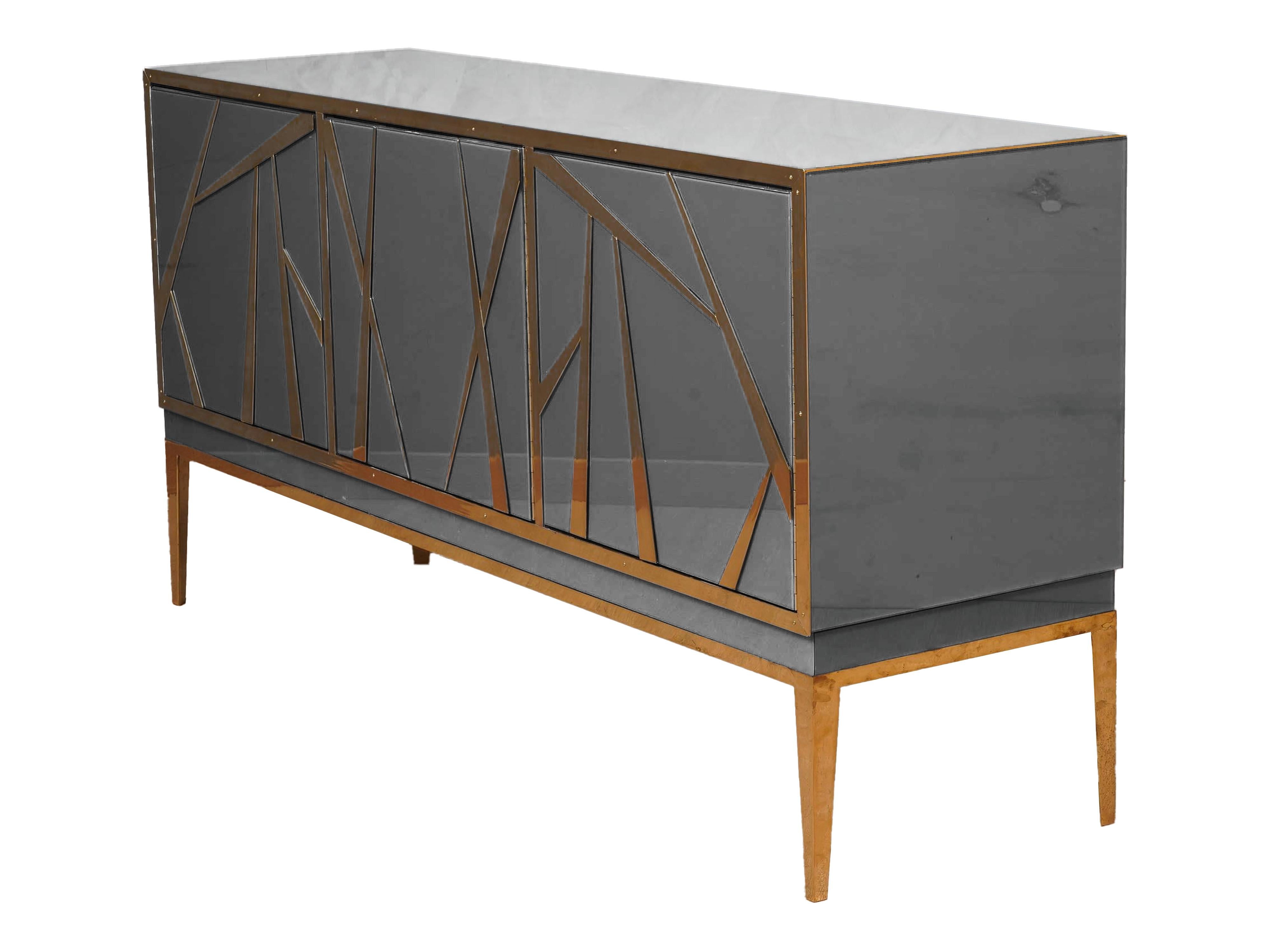 Italian Modern Gray Murano Glass Sideboard With brass Trim and Feet Available For Sale