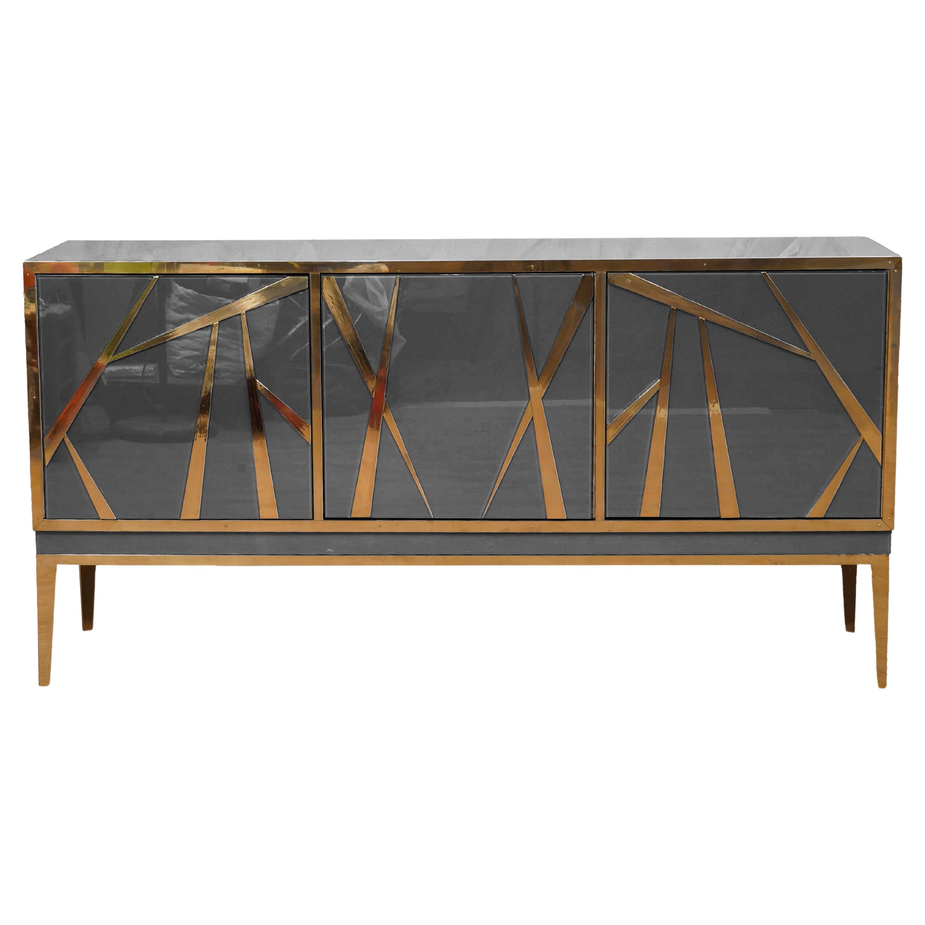 Modern Gray Murano Glass Sideboard With brass Trim and Feet Available For Sale