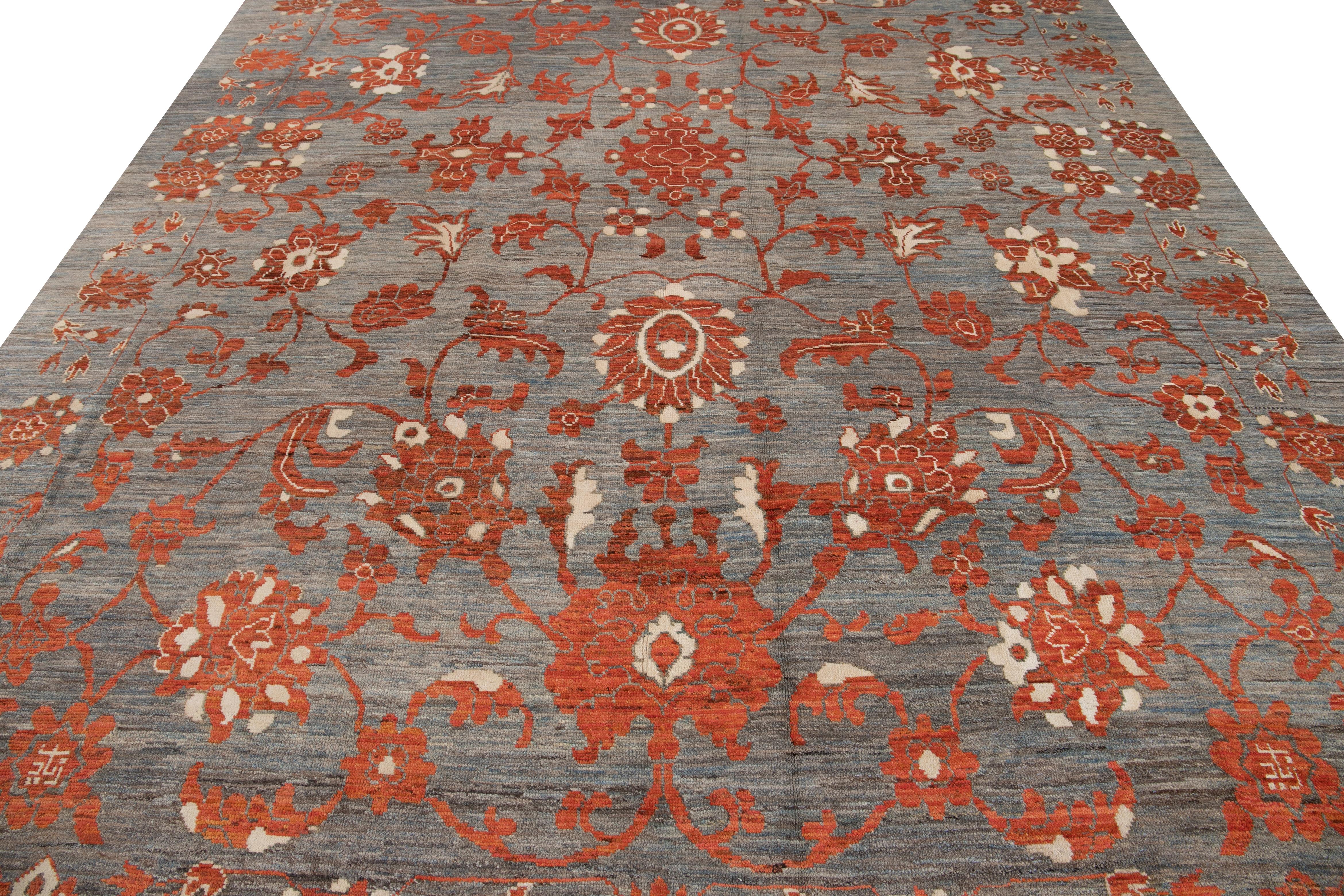 Turkish Modern Gray Oushak Handmade Wool Rug For Sale