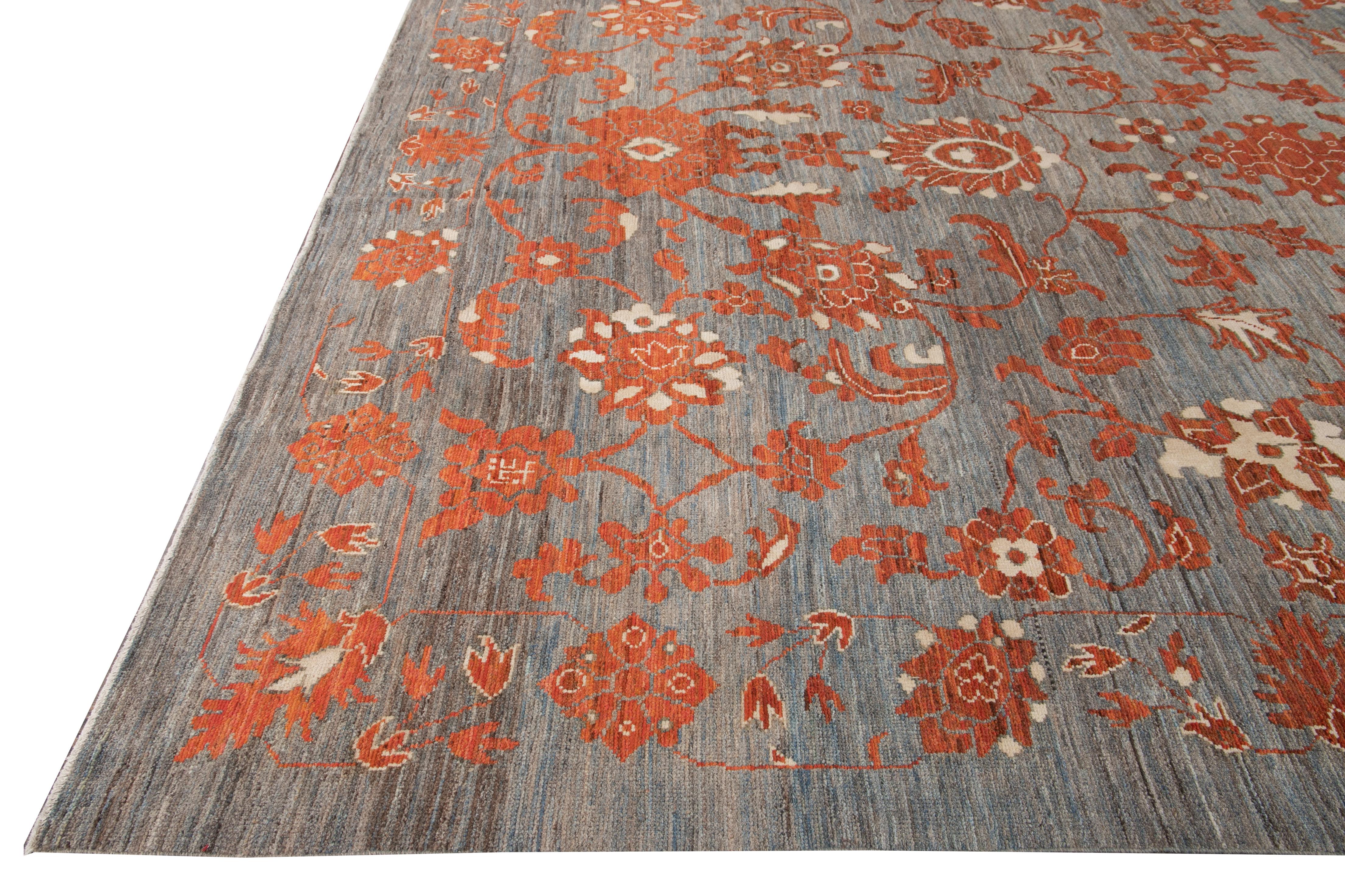 Hand-Knotted Modern Gray Oushak Handmade Wool Rug For Sale