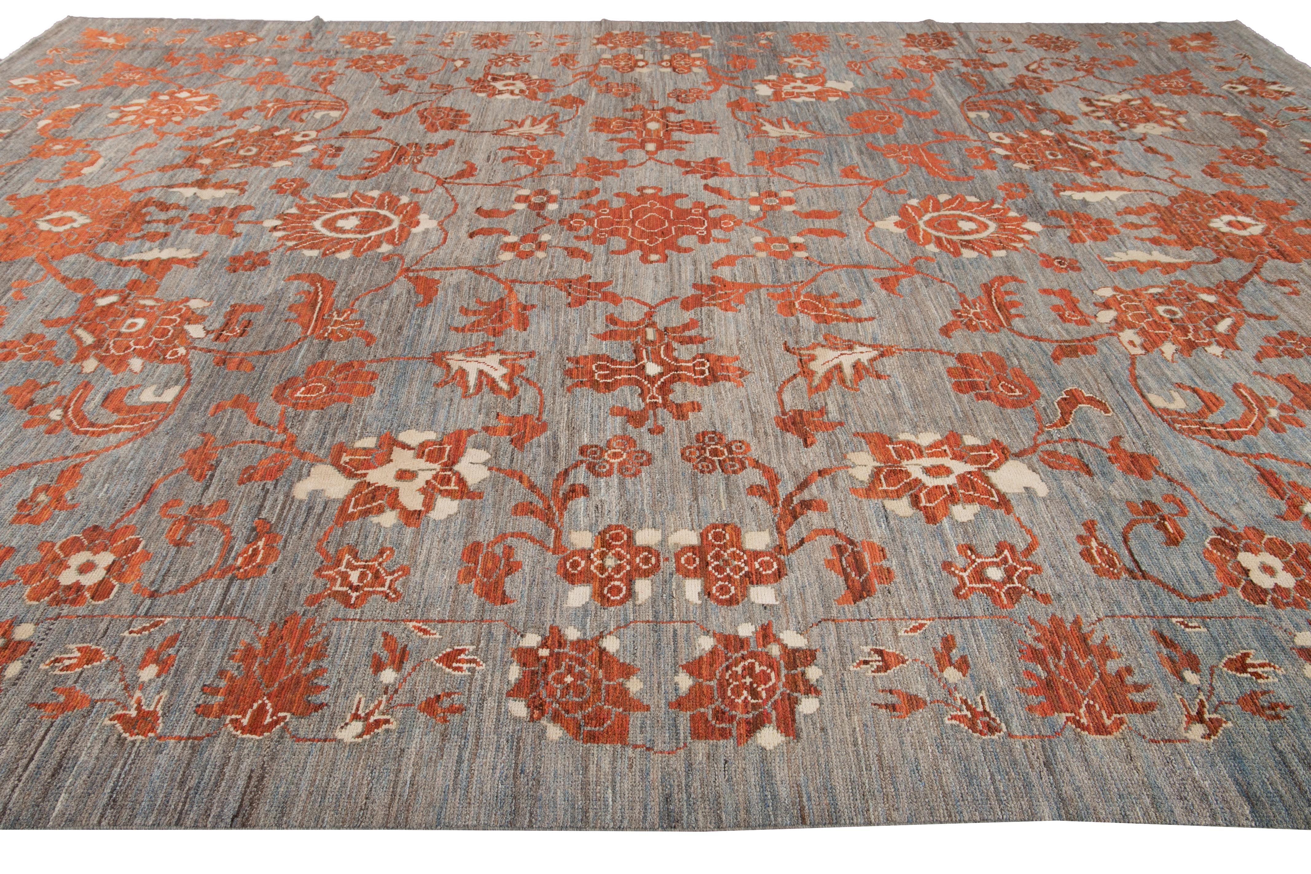 Modern Gray Oushak Handmade Wool Rug For Sale 1