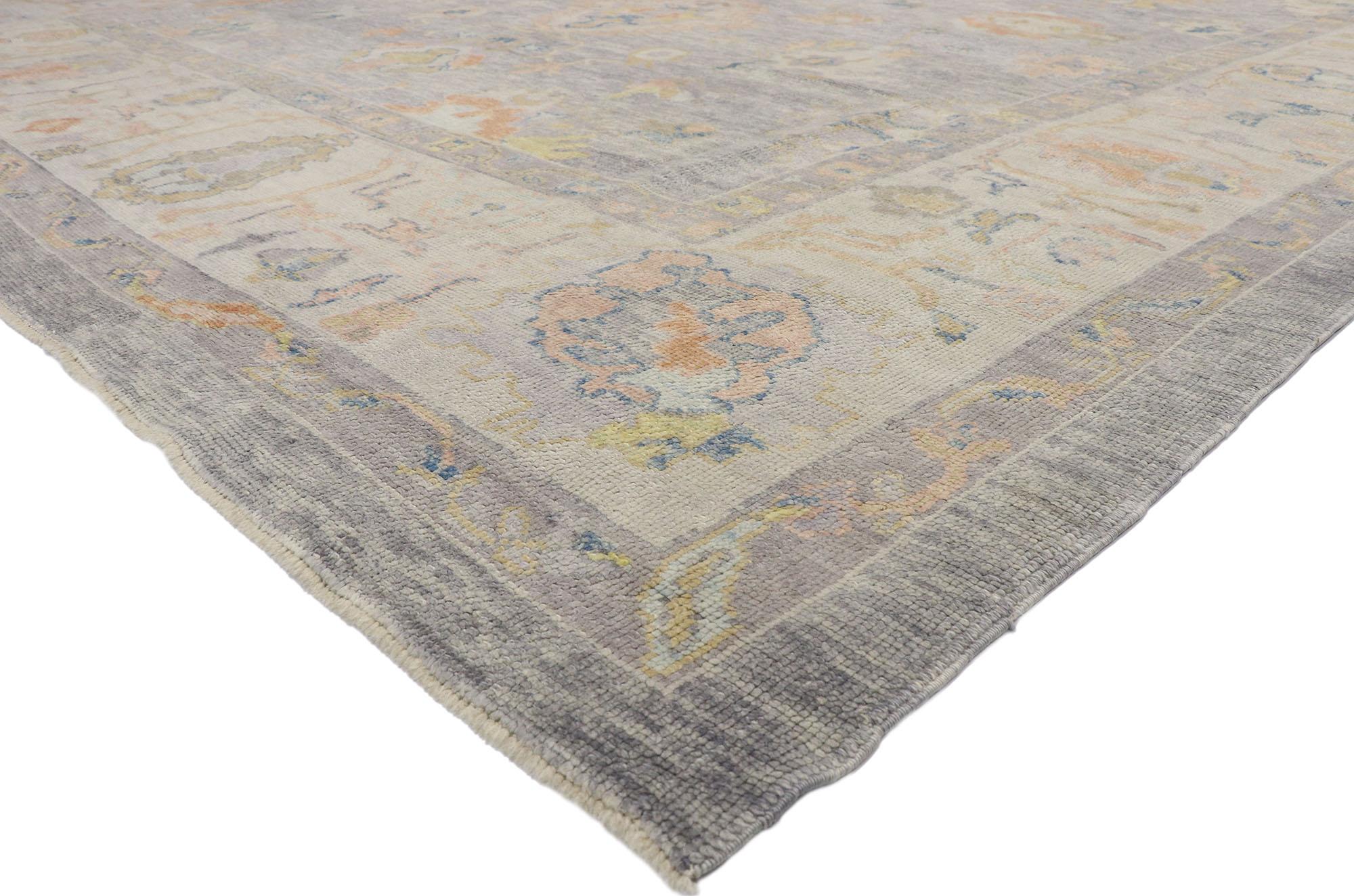 52731 New Turkish Oushak Rug with Transitional Style 11'01 x 14'00. Incorporating a harmonious blend of modernity and timeless elegance, this hand-knotted wool Turkish Oushak style area rug introduces an aura of sophistication to any living space.