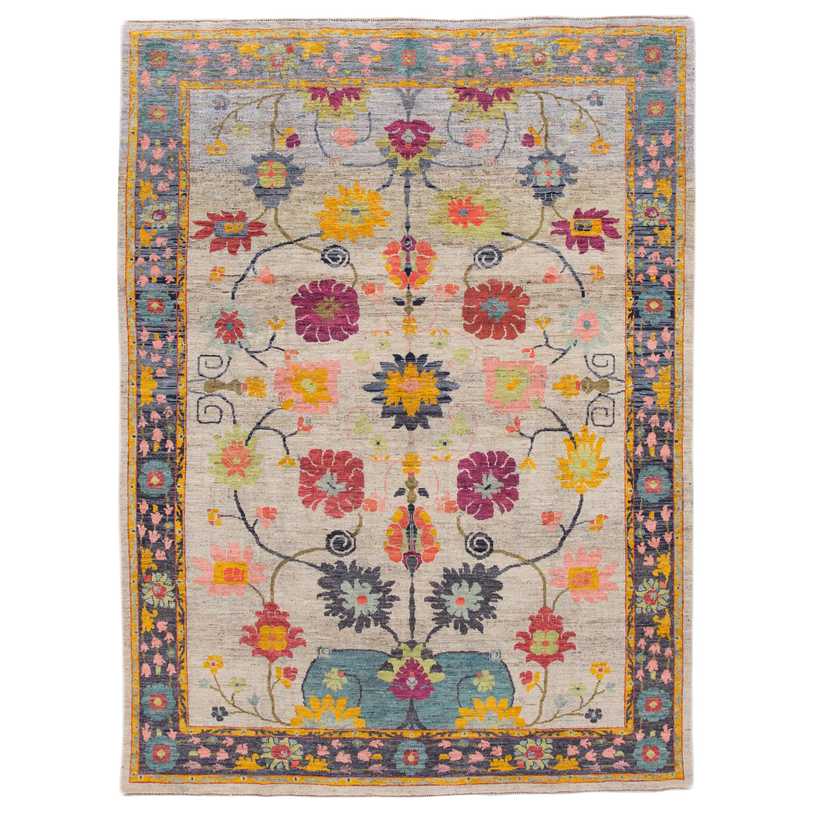 Apadana's Modern Gray Oushak-Style Handmade Botanical Wool Rug For Sale