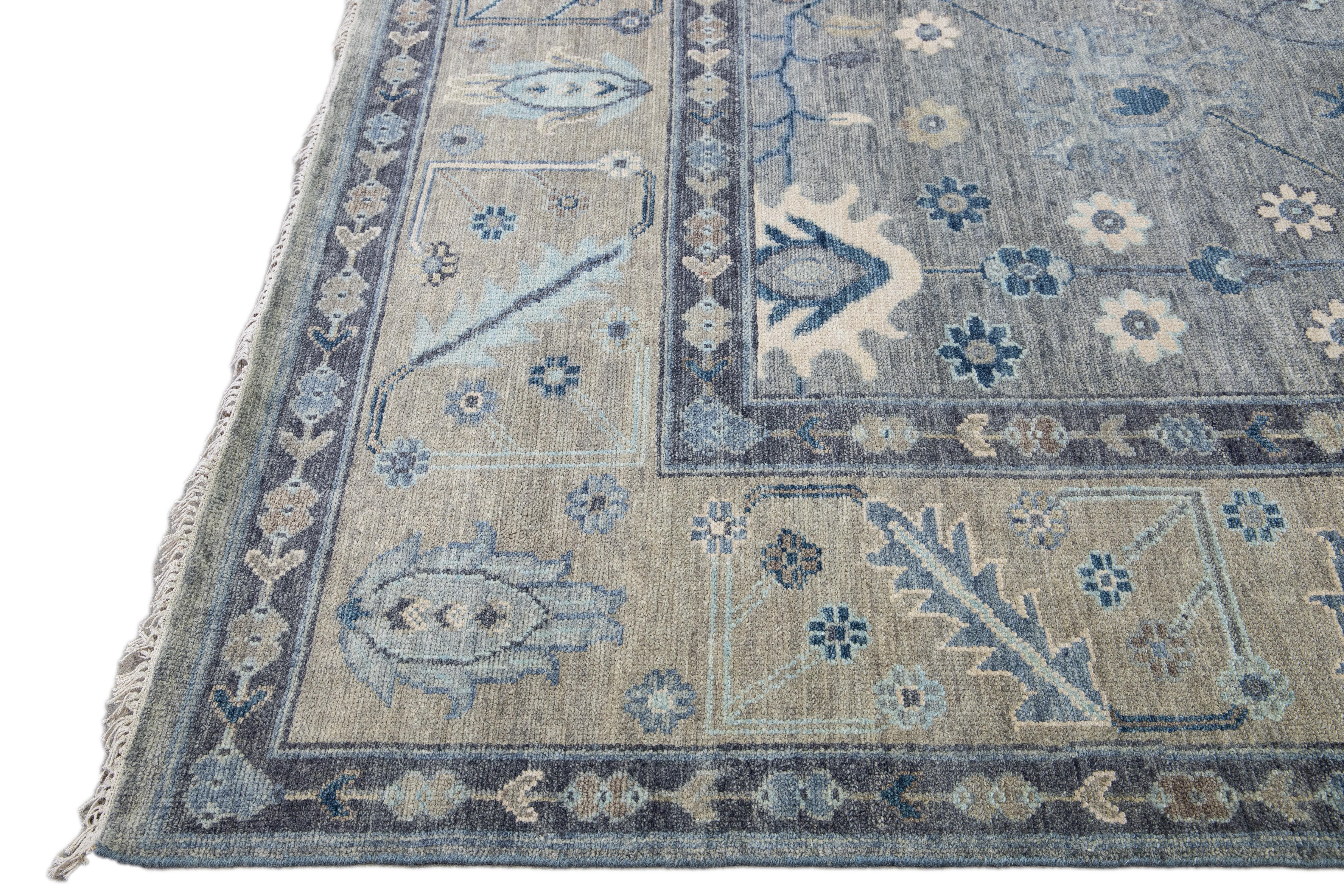 Hand-Knotted Modern Gray Oushak Style Handmade Floral Motif Square Wool Rug For Sale