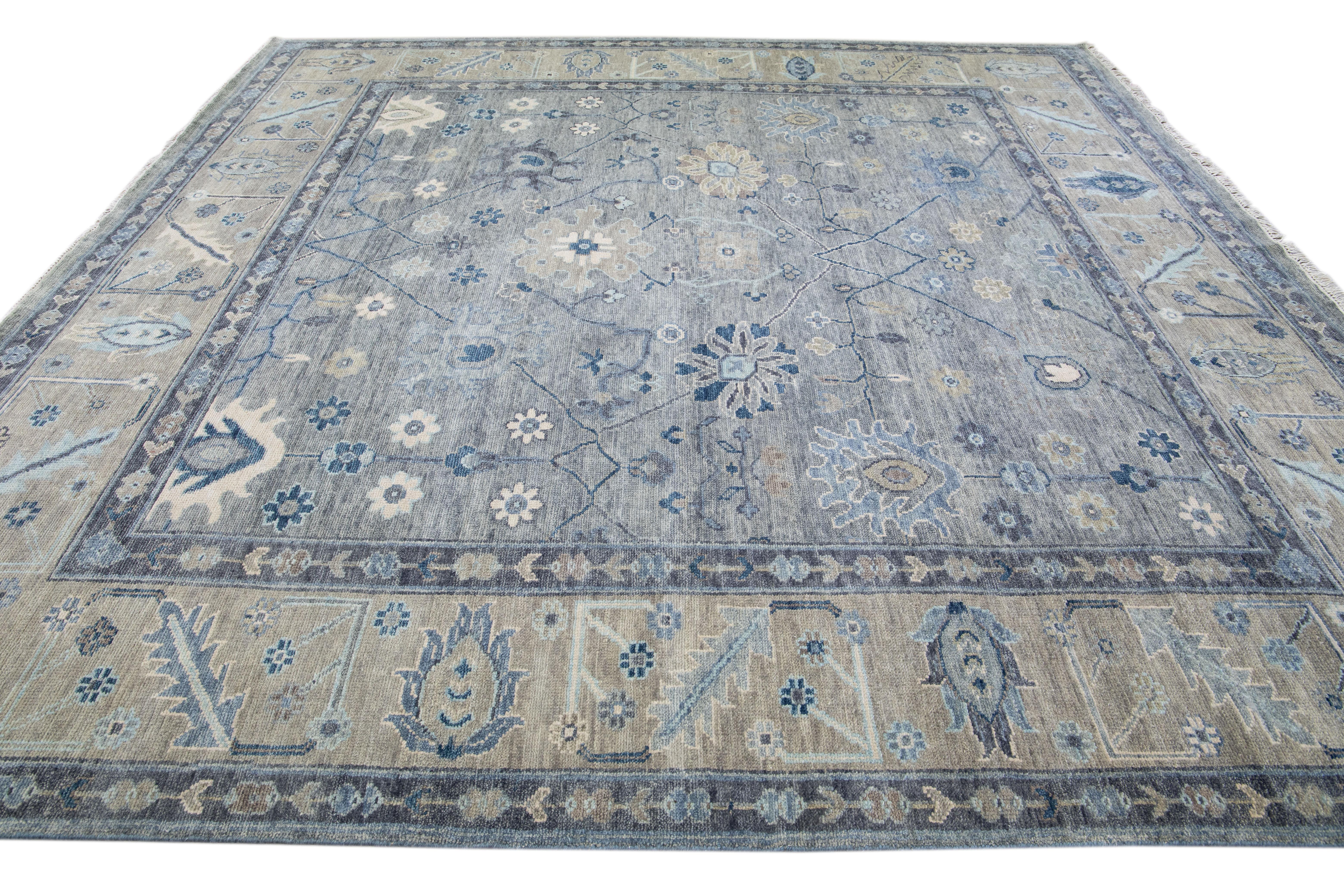 Modern Gray Oushak Style Handmade Floral Motif Square Wool Rug In New Condition For Sale In Norwalk, CT