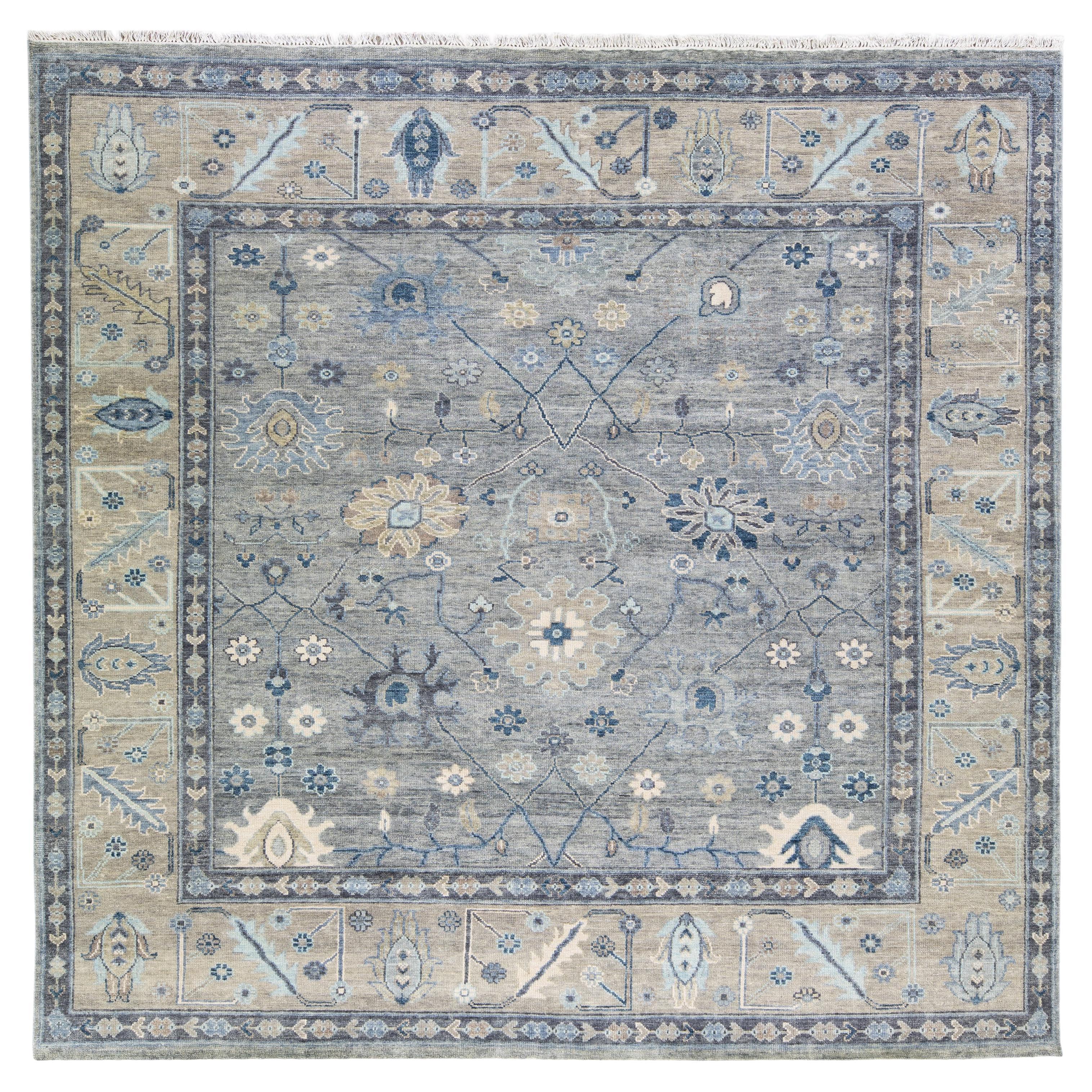 Modern Gray Oushak Style Handmade Floral Motif Square Wool Rug For Sale