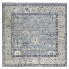 Modern Gray Oushak Style Handmade Floral Motif Square Wool Rug