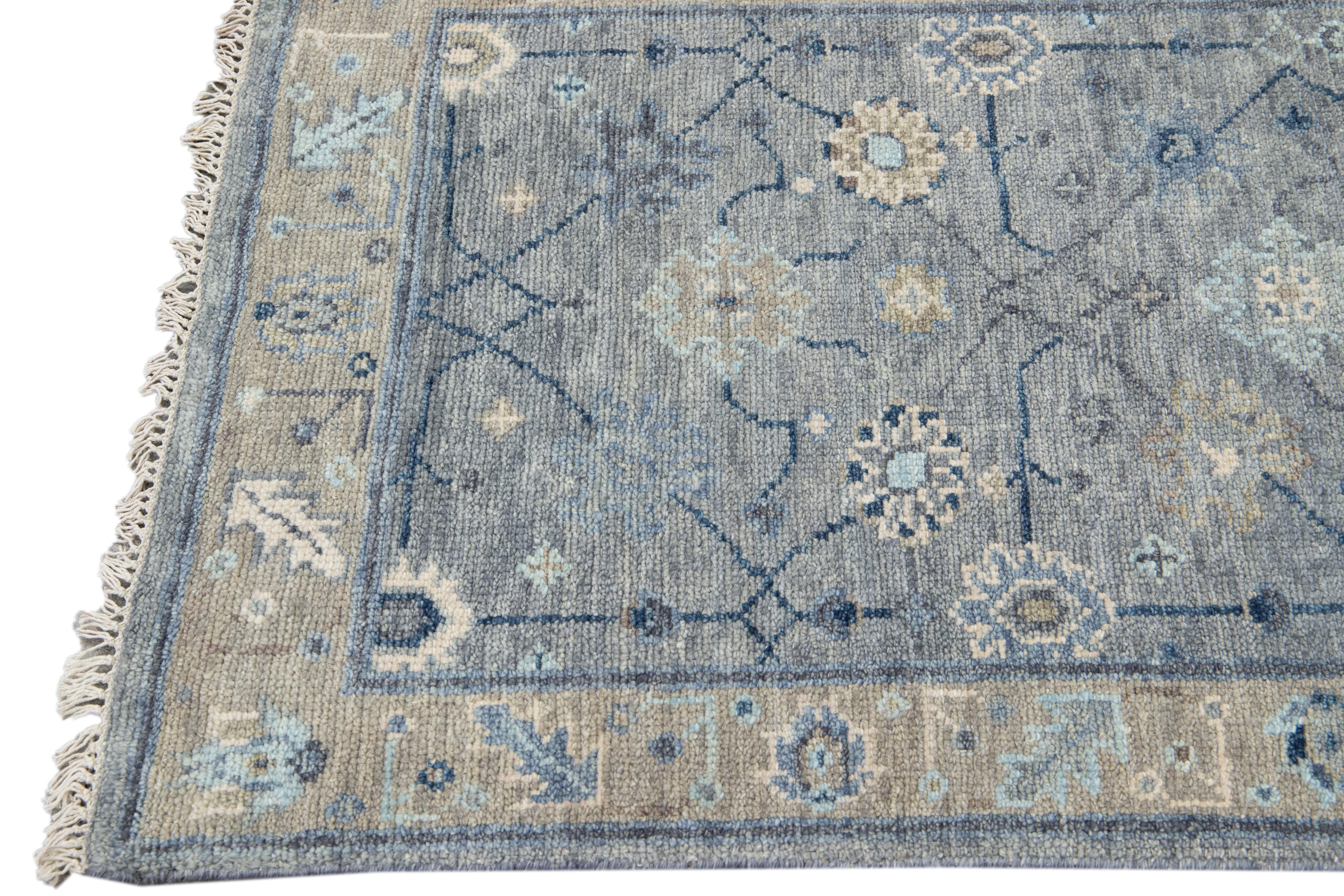 Hand-Knotted Modern Gray Oushak Style Handmade Floral Motif Wool Runner For Sale