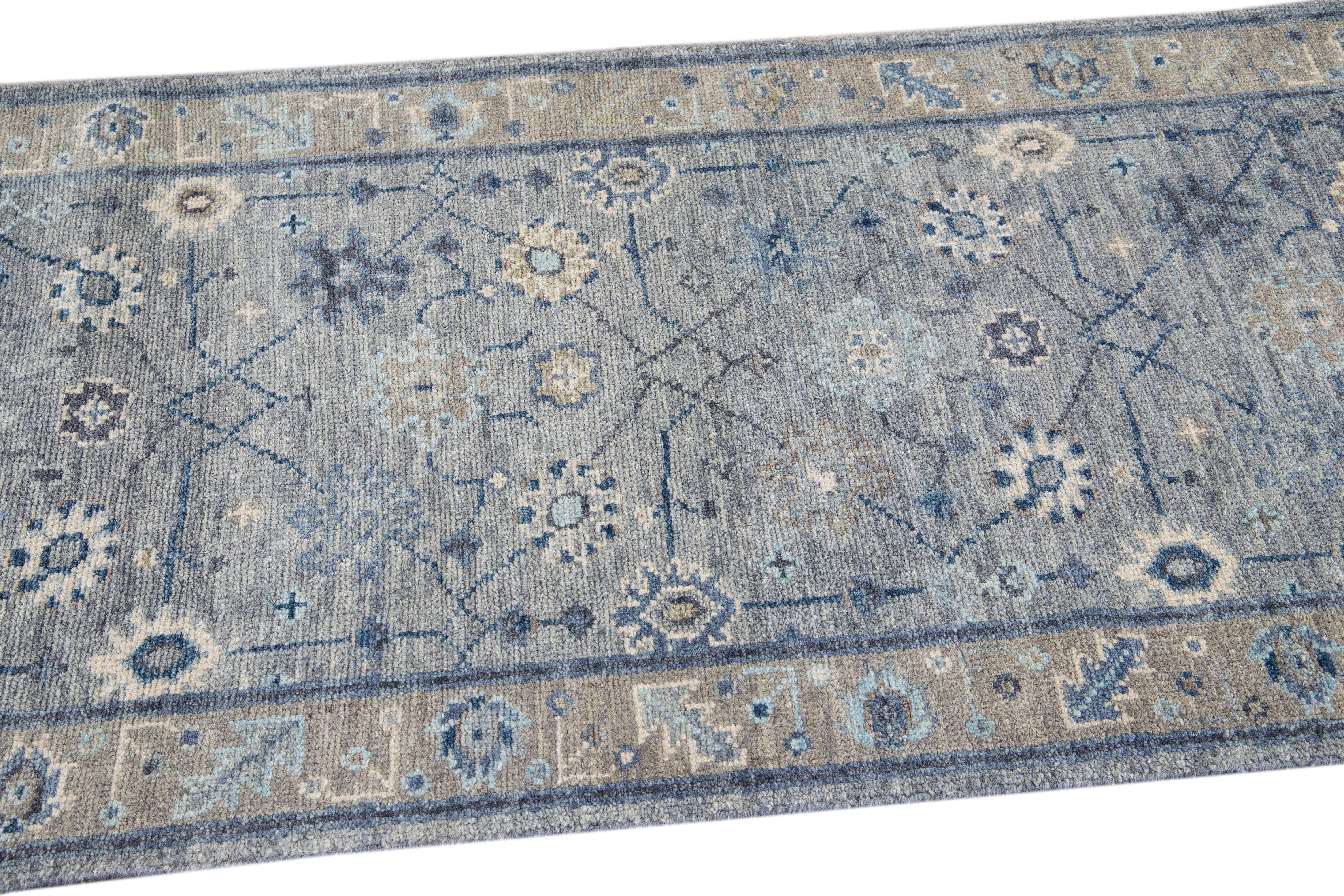 Modern Gray Oushak Style Handmade Floral Motif Wool Runner In New Condition For Sale In Norwalk, CT