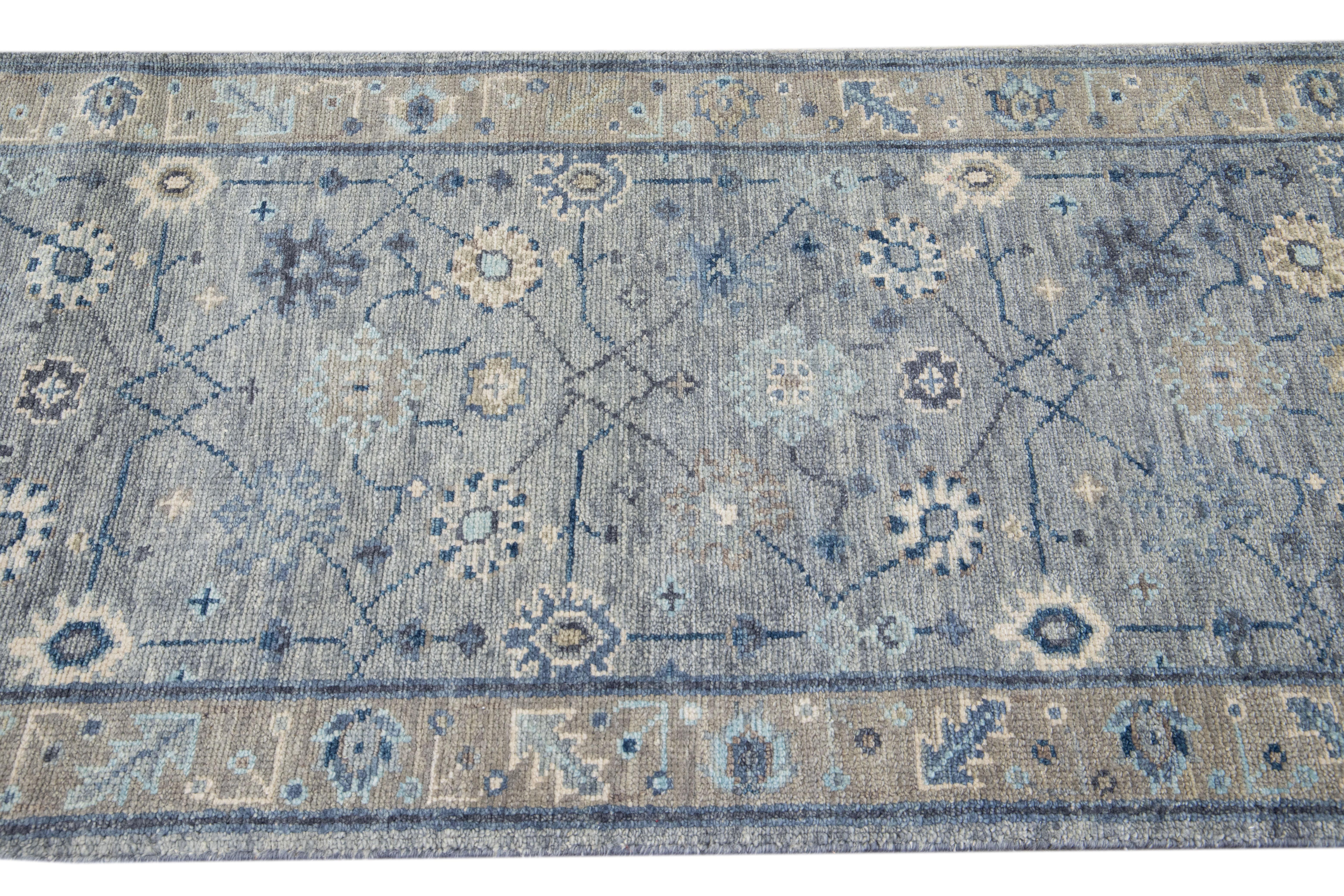 Modern Gray Oushak Style Handmade Floral Motif Wool Runner For Sale 3