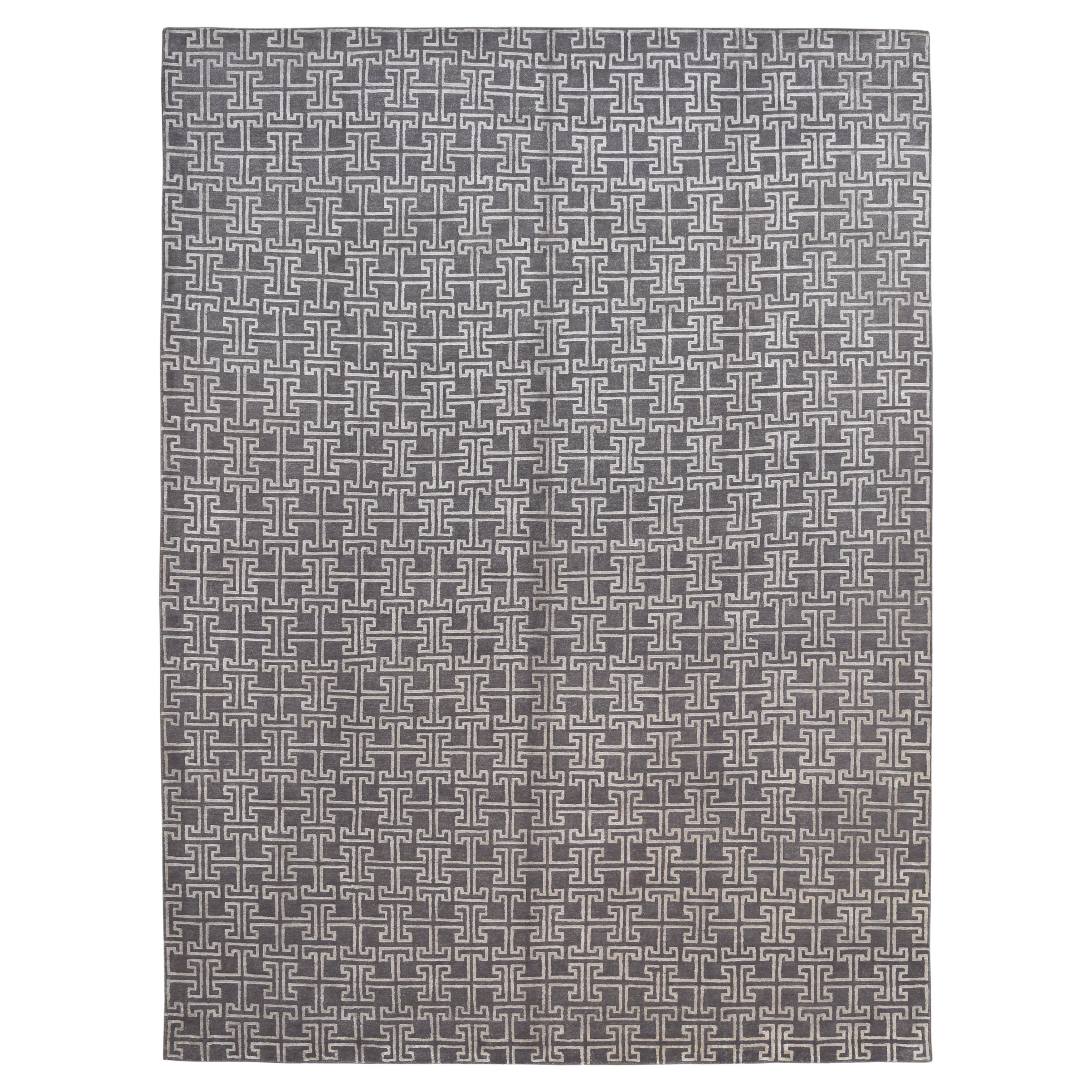 Moderner grau-silberner Maze-Teppich aus gemusterter Wollmischung 10'2''x13'1'' im Angebot