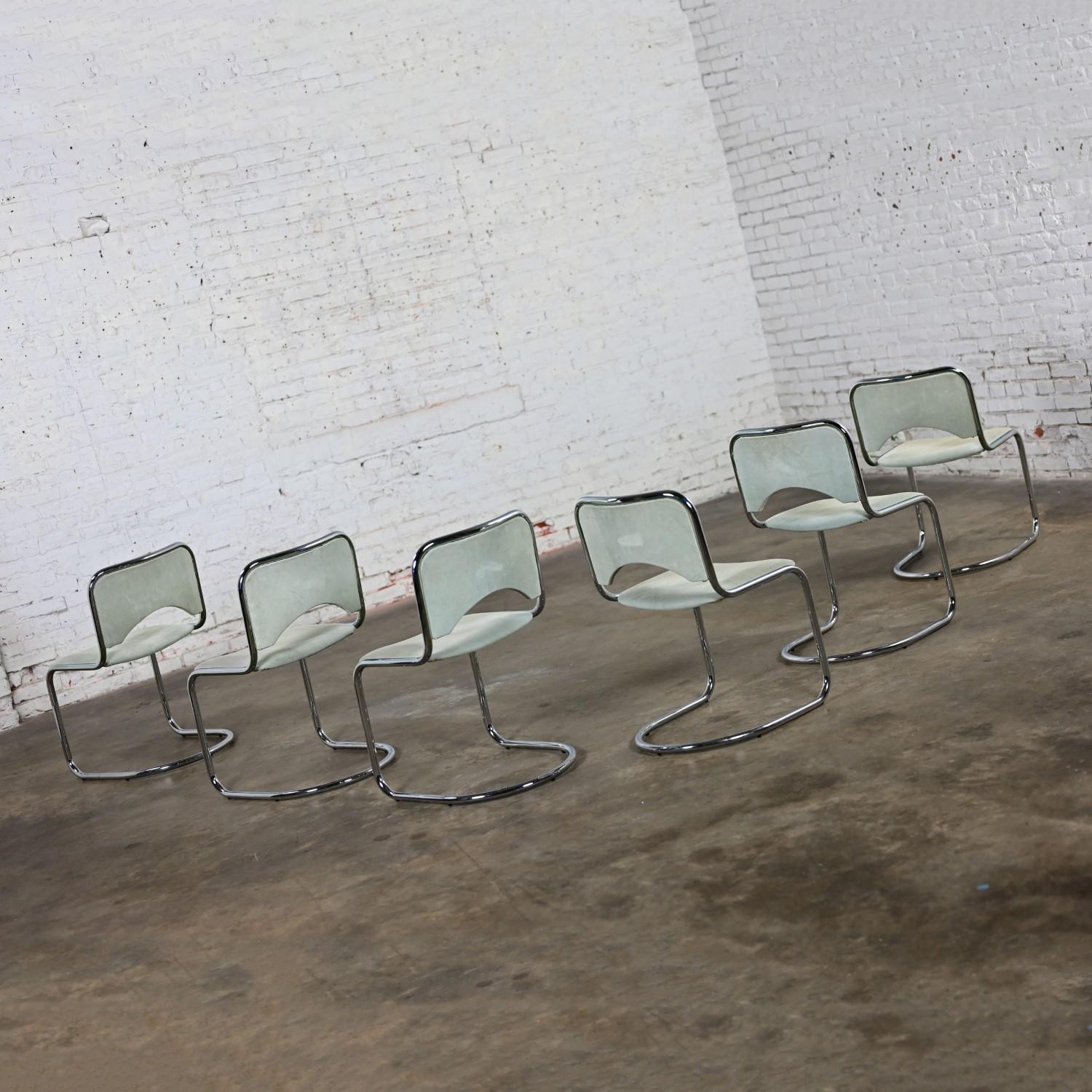 Modern Gray Suede & Chrome Frame Cantilever Dining or Side Chairs Set of 6 6